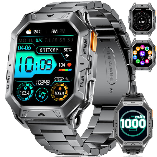 Smartwatch Herren Militär, 2.13" AMOLED mit 256 MB,1000mAh Akku, Barometerdruck/ Höhenmesser/Kompass, Smart Watch mit Telefonfunktion, 100+ Sportmodi Fitness-Tracker, 10ATM Wasserdicht für Android iOS