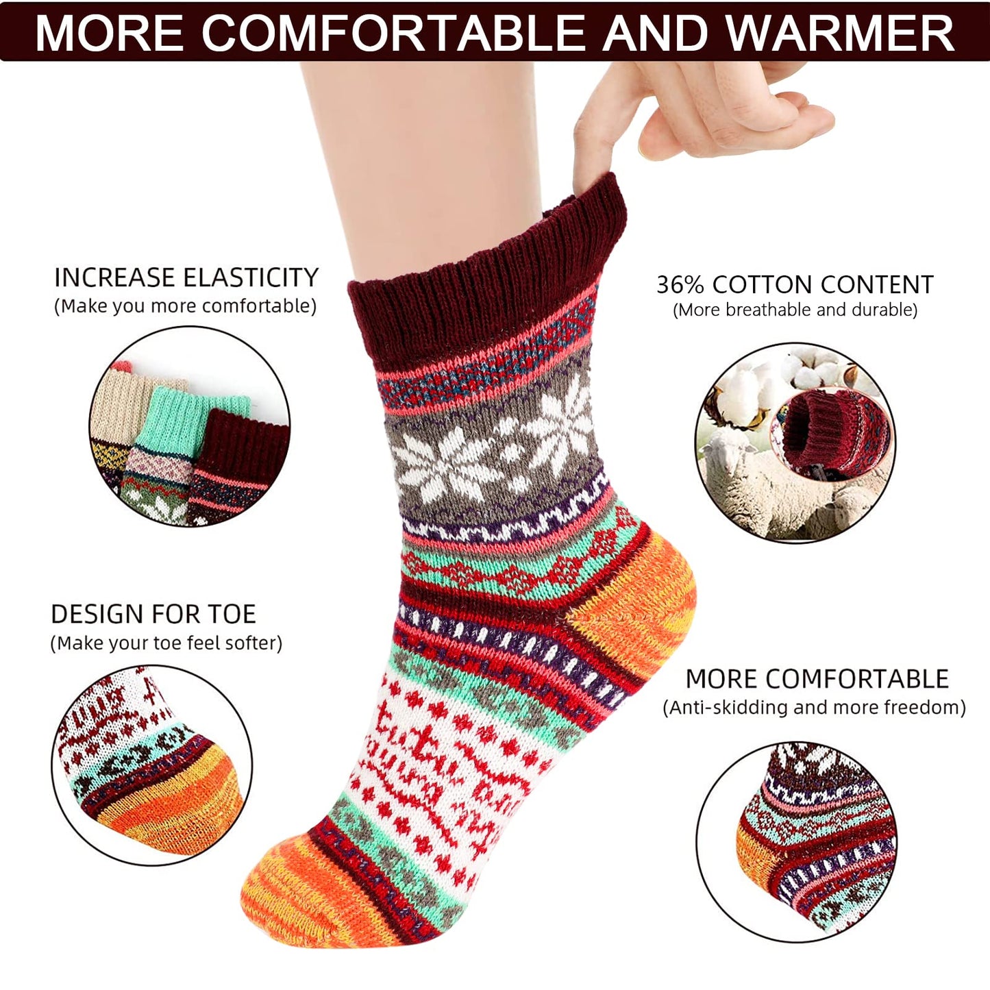 Airabc 5 Pairs of Women's Thermal Socks, Warm Winter Socks, Colourful Cosy and Breathable