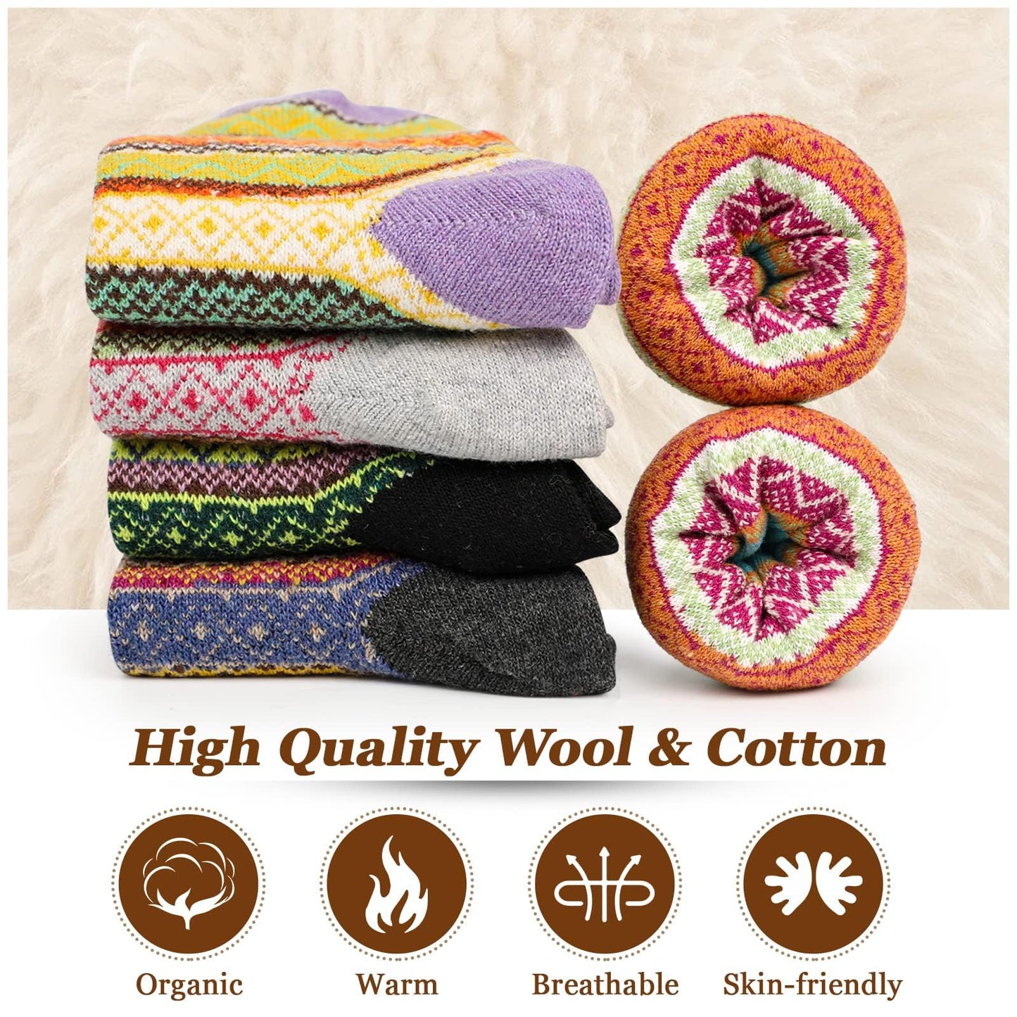Airabc 5 Pairs of Women's Thermal Socks, Warm Winter Socks, Colourful Cosy and Breathable