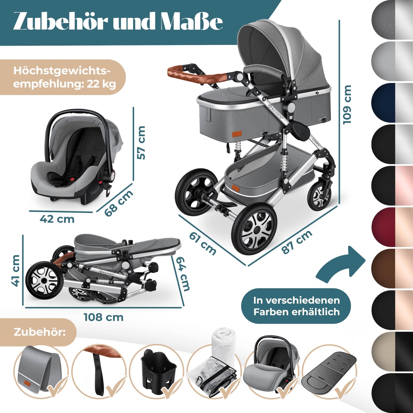 Kesser® Loops 3-in-1 Combination Pram, Complete Set Including Baby Tub & Buggy Sports Seat & Baby Car Seat, Full Rubber Tyres