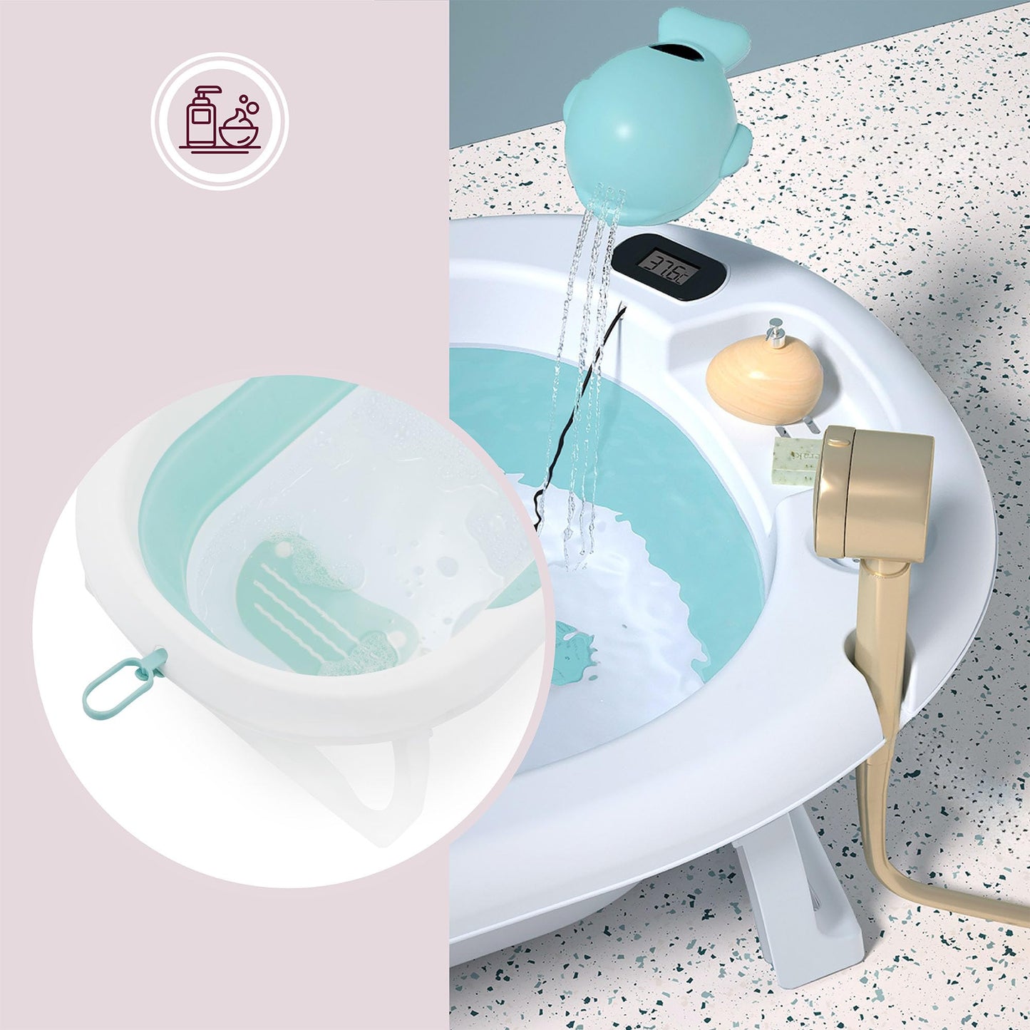 Moby-System Foldable Baby Bathtub with Insert, LCD Thermometer & Frame - Secure Hold from Birth, Ergonomic