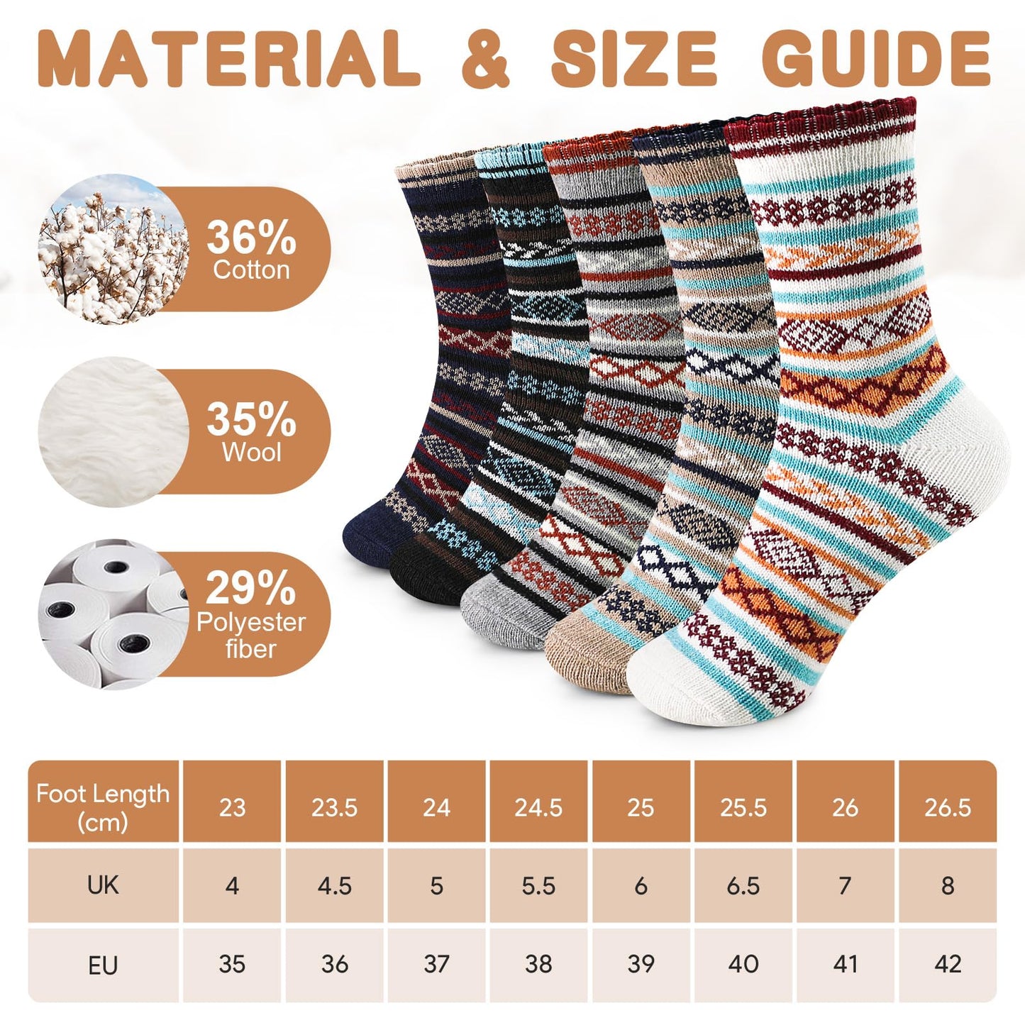 Airabc 5 Pairs of Women's Thermal Socks, Warm Winter Socks, Colourful Cosy and Breathable