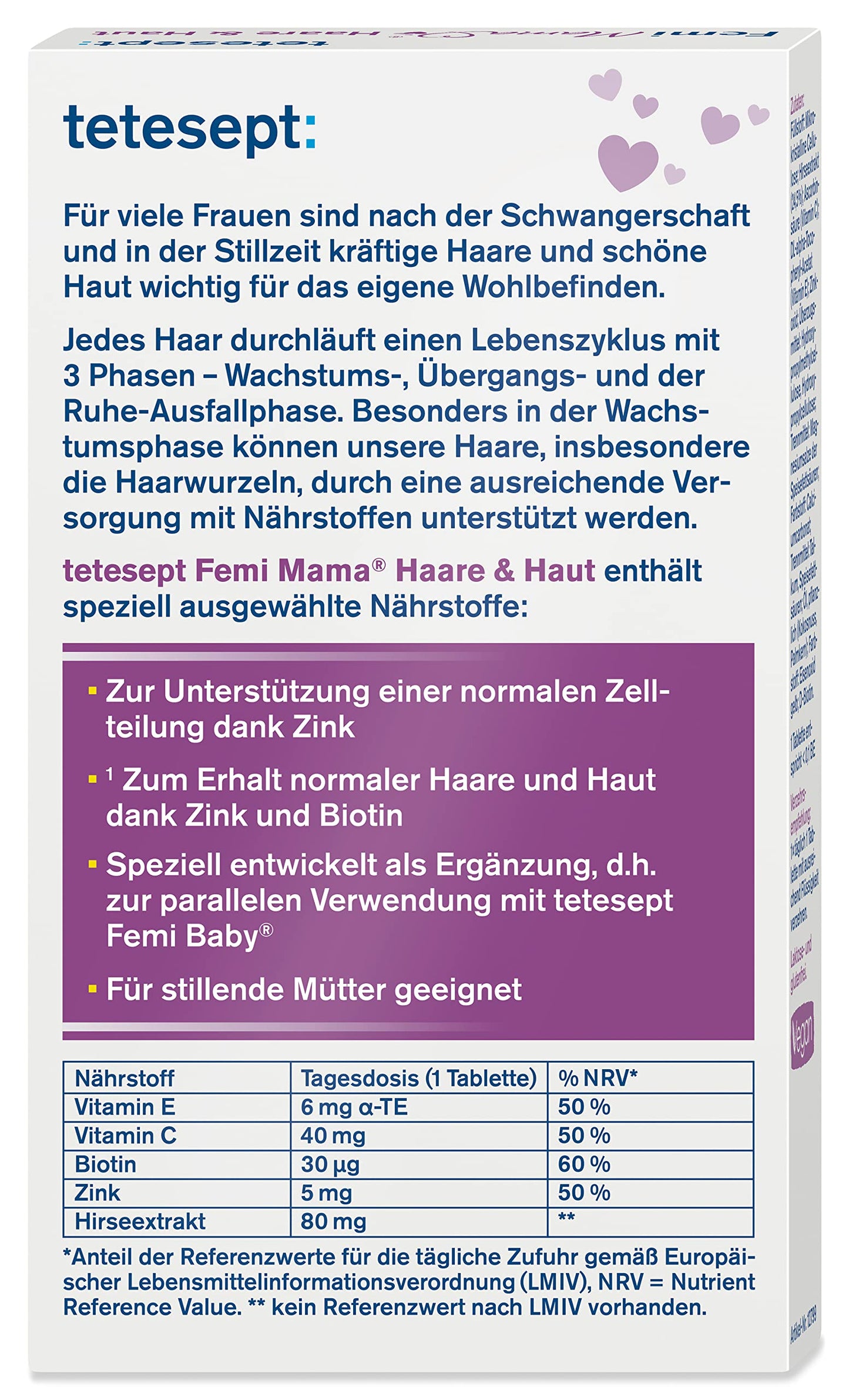Tetesept Femi Mama Hair & Skin - Selected Nutrients for Maintaining Strong Hair & Beautiful Skin - Dietary Supplement Ideal After Pregnancy