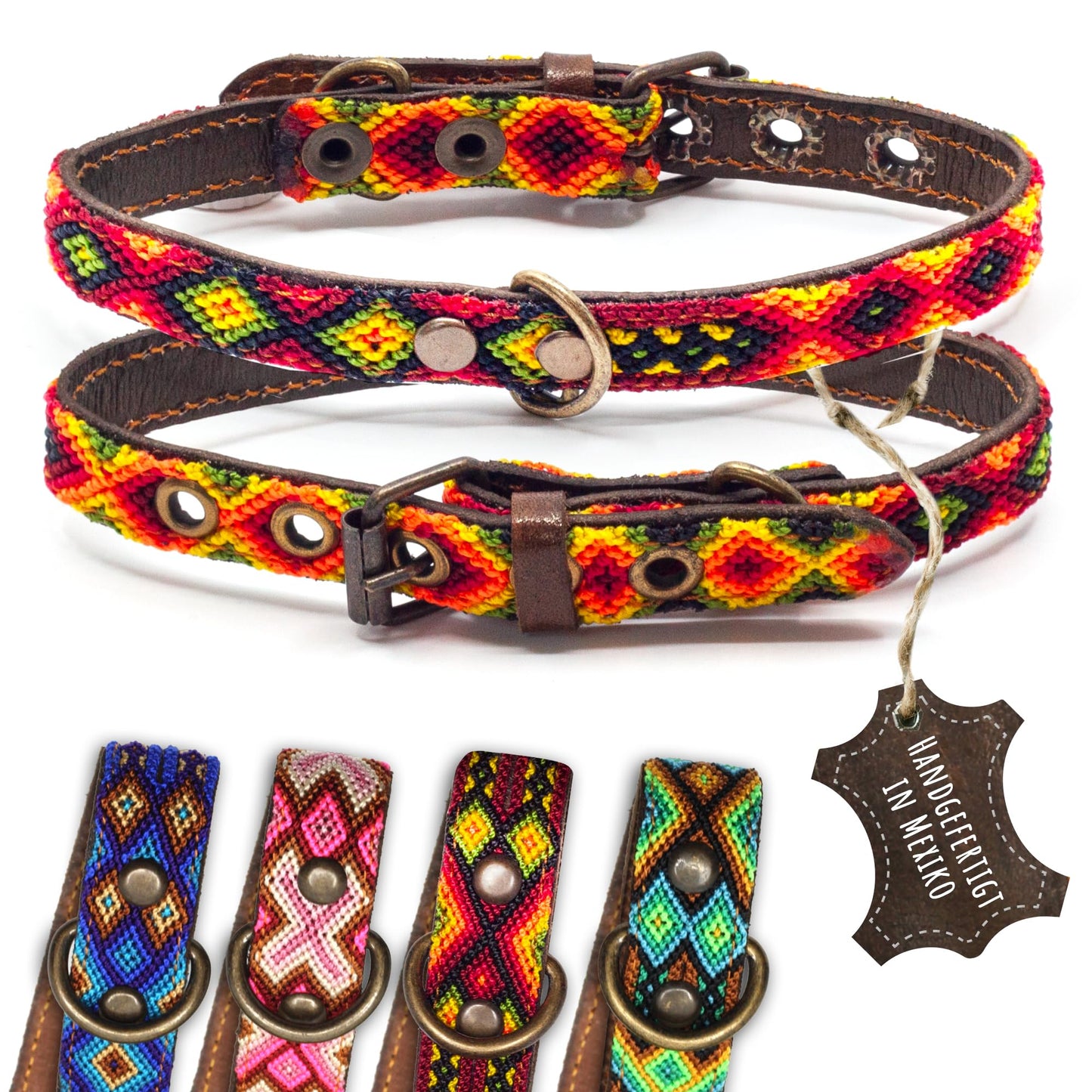 Hundehalsband Leder - braunes Rindsleder Tribal Grün/Braun/Beiges