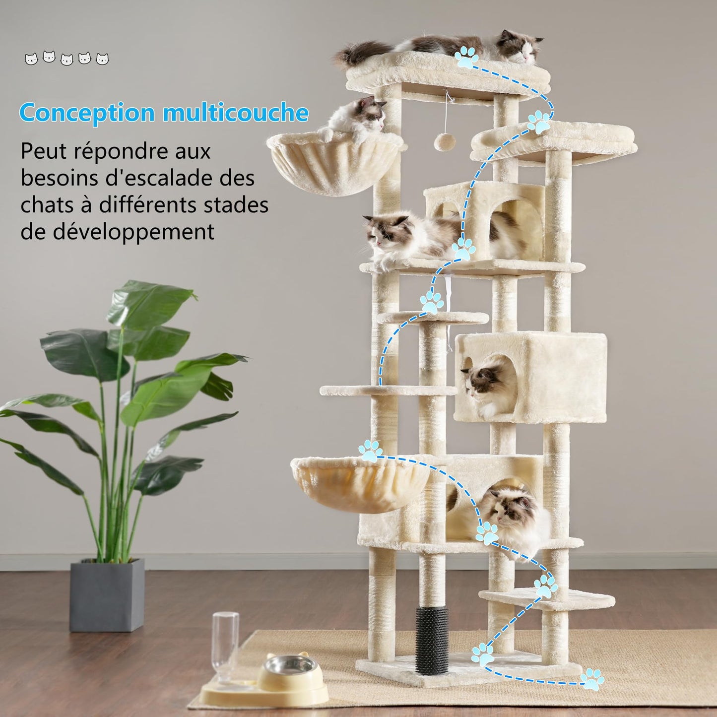 XXL Kratzbaum mit 2 groß Plattform, 3 Höhlen, 2 Korb, Plüschbälle und Sisal Kratzbäume