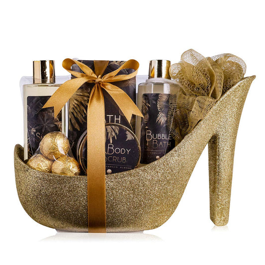 Accentra Luxury Bath Set Gift Set in Beautiful Golden Glitter Pumps, 9-Piece Luxury Beauty Set Shower Set - for a Relaxed Spa Experience