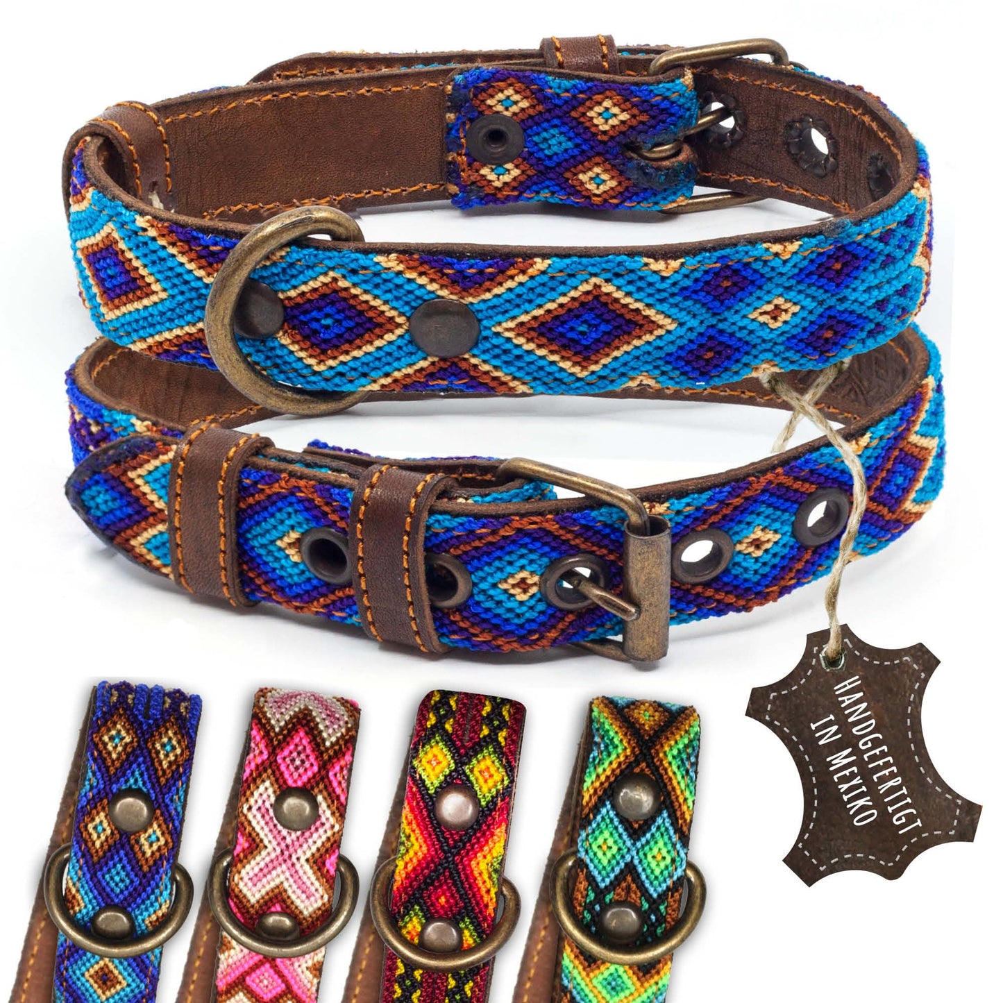 Hundehalsband Leder - braunes Rindsleder Tribal Grün/Braun/Beiges