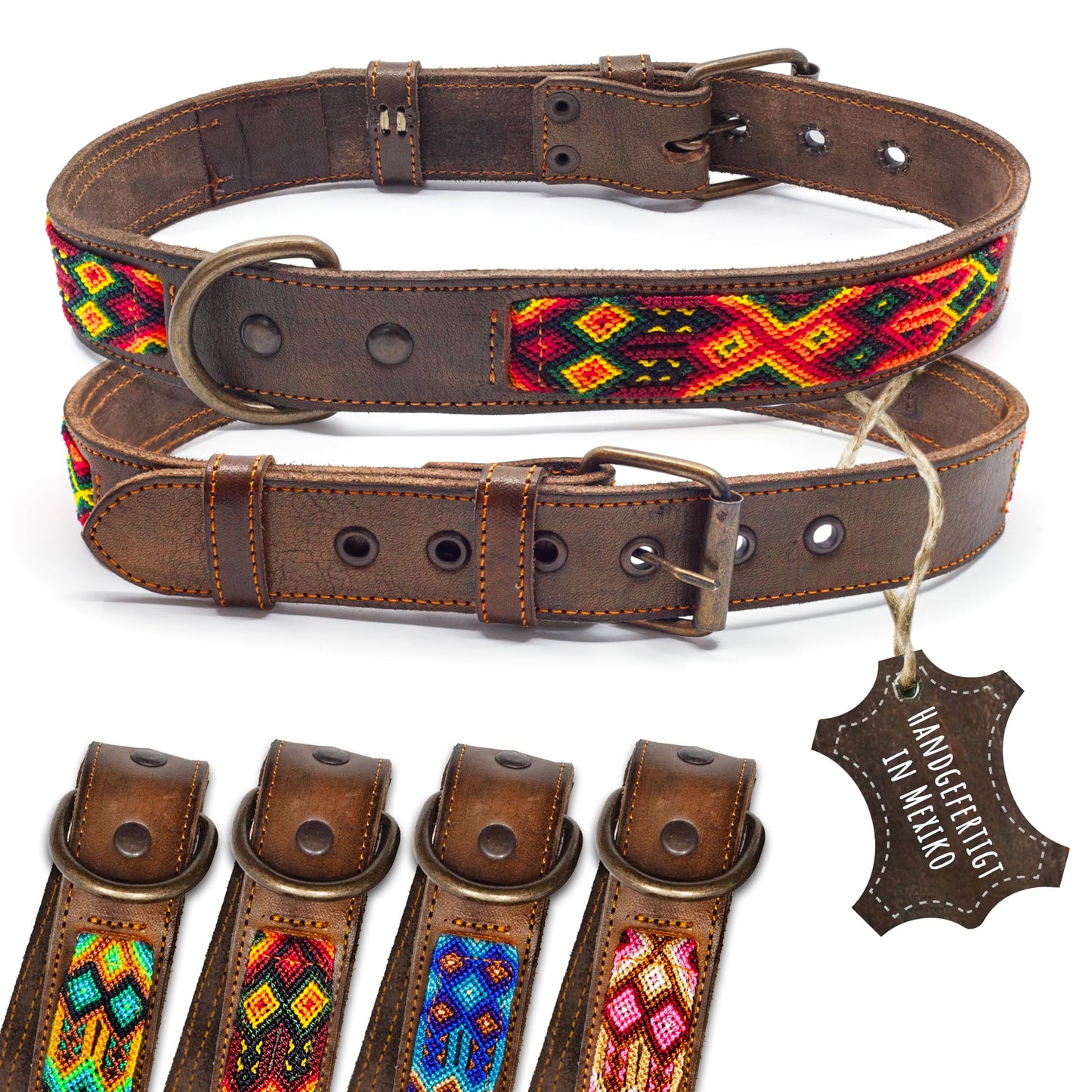 Hundehalsband Leder - braunes Rindsleder Tribal Grün/Braun/Beiges