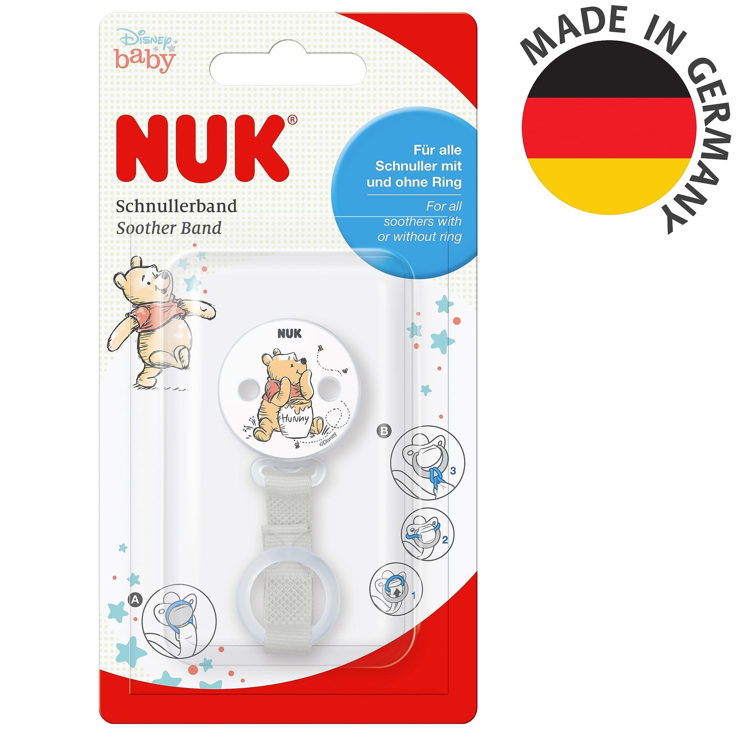 NUK Disney Winnie Puuh Schnullerband & Clip | Für alle Schnuller mit und ohne Ring