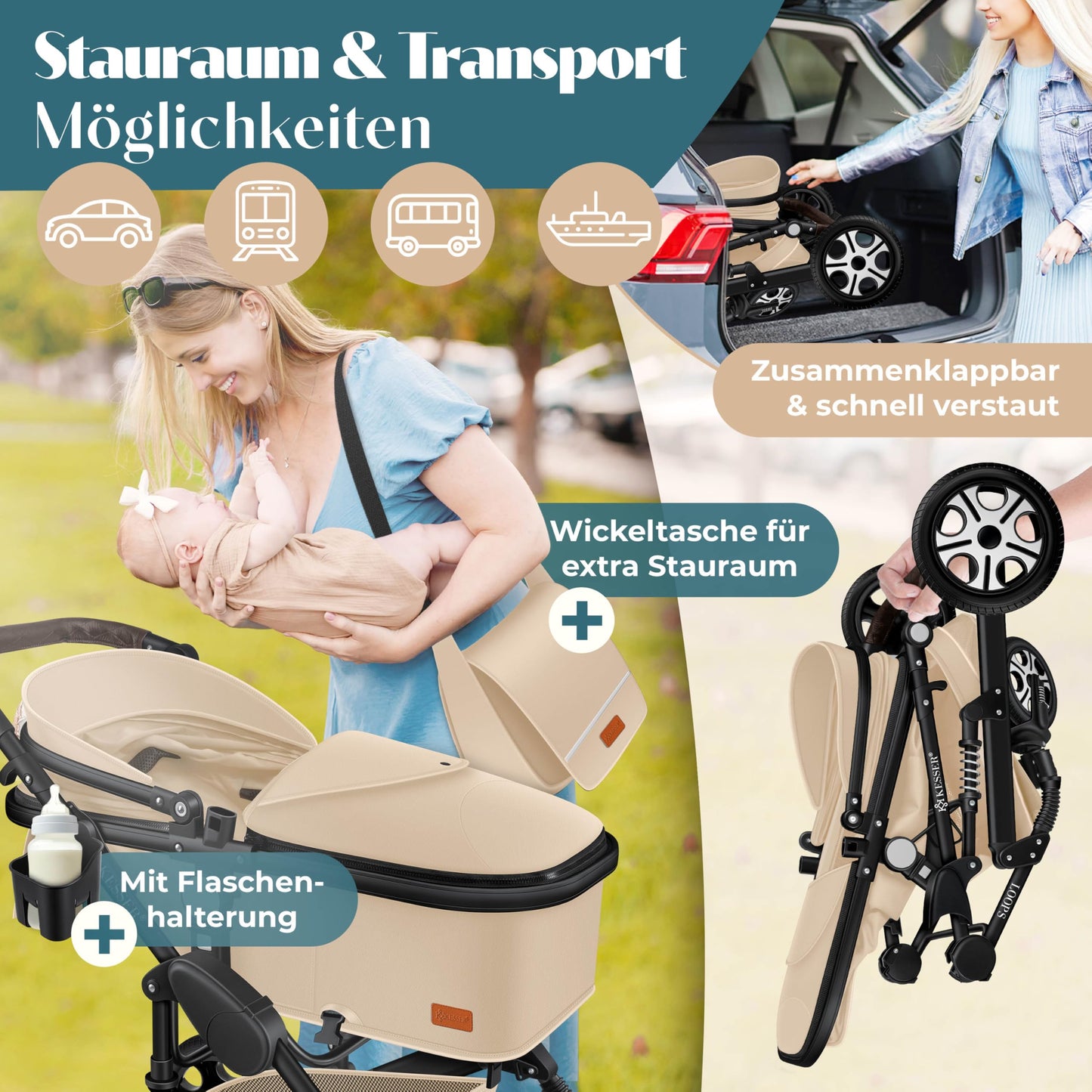 Kesser® Loops 3-in-1 Combination Pram, Complete Set Including Baby Tub & Buggy Sports Seat & Baby Car Seat, Full Rubber Tyres