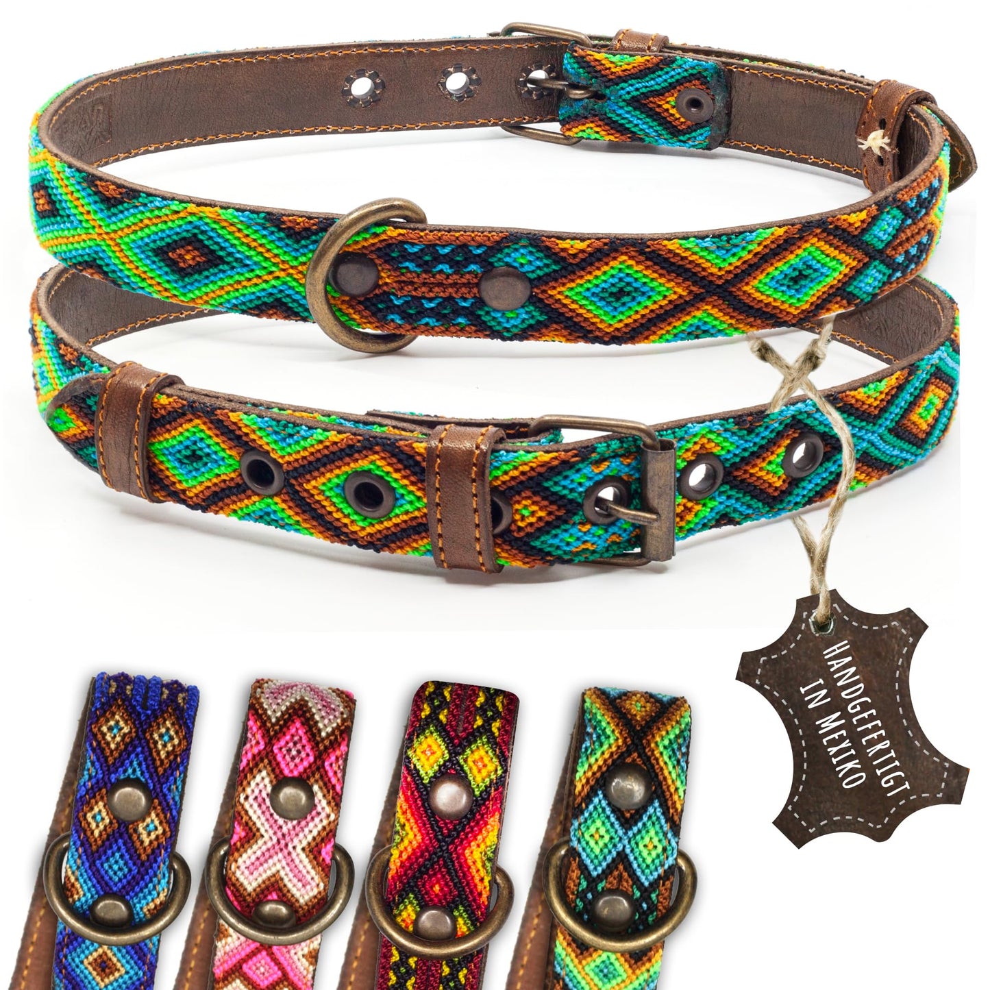 Hundehalsband Leder - braunes Rindsleder Tribal Grün/Braun/Beiges