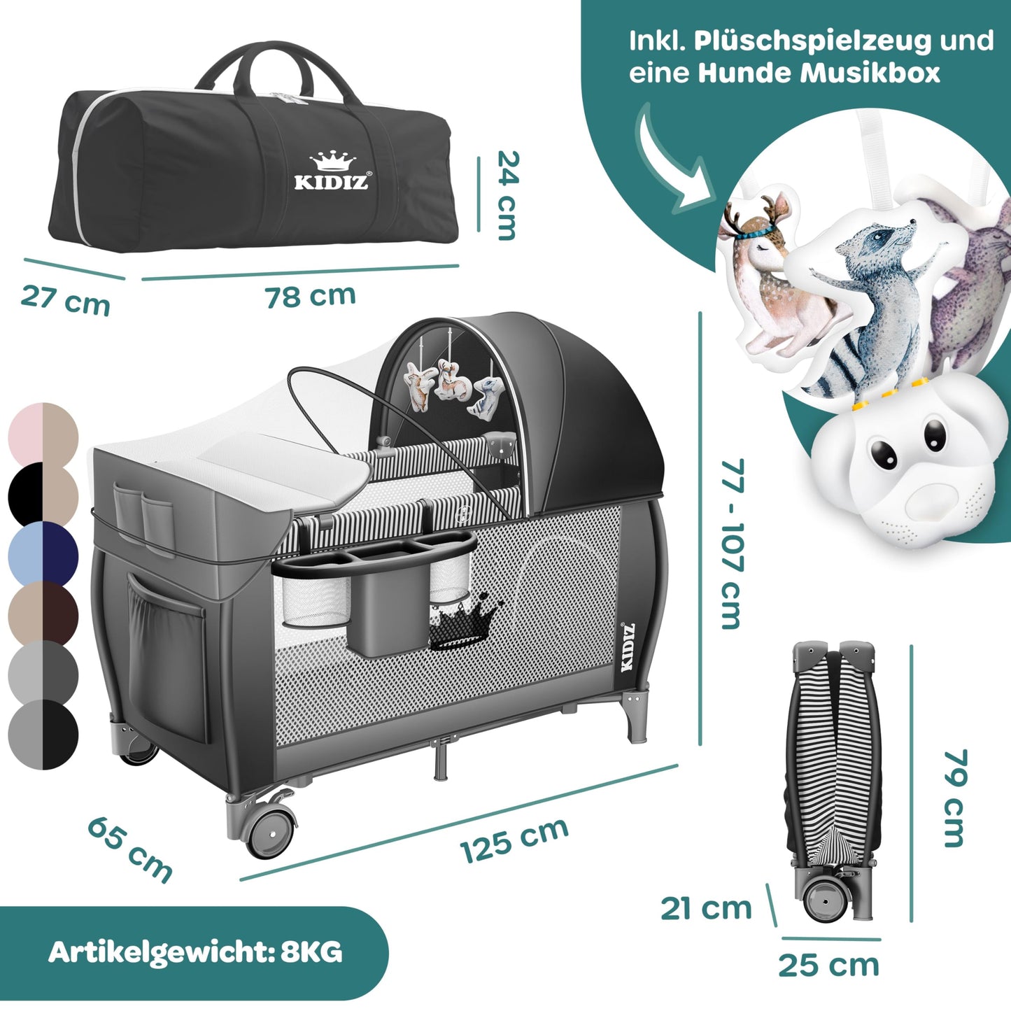 Kidiz Baby Cot, Travel Cot, Foldable with Mattress and Wheels, 120 x 60 cm, Side Entrance