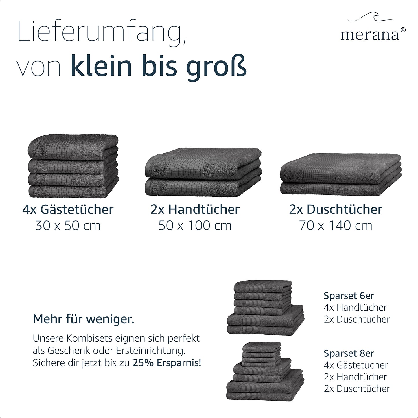 Merana Rome Handtuch Set | saugstark, weich und fusselfrei | Frottier Luxus Qualität | 100% Baumwolle | Oeko-TEX | 4 x Gästetücher (30x50cm))