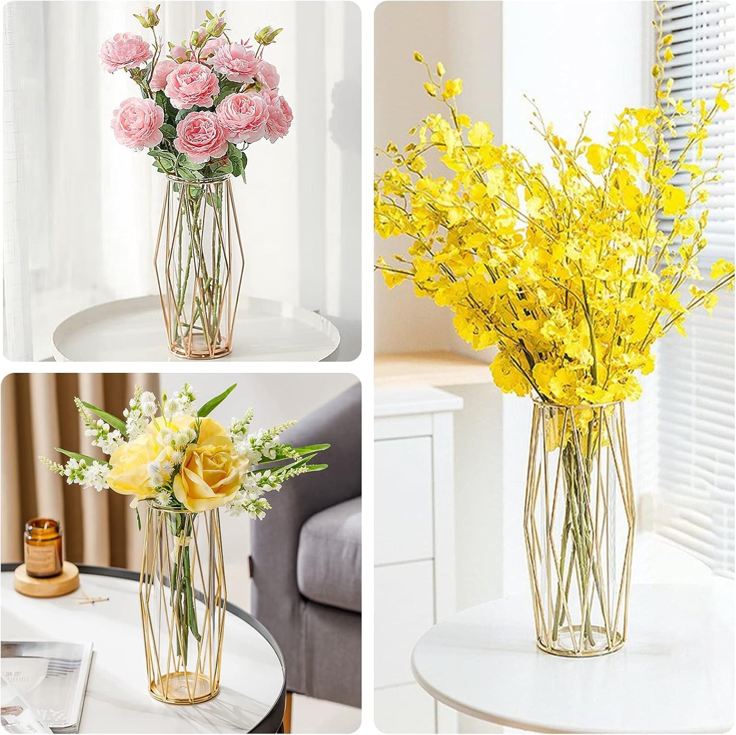 Gold Vases Decoration for Pampas Grass, Scandinavian High Floor Vase with Metal Frame for Wedding Centrepiece or Desk Office, 28 cm High