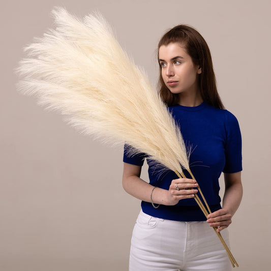 ORNA Artificial Pampas Grass Artificial Flower Long Branches Extra Fluffy 114 cm High (3 Stems x 20 Forks) for Modern Home Decoration