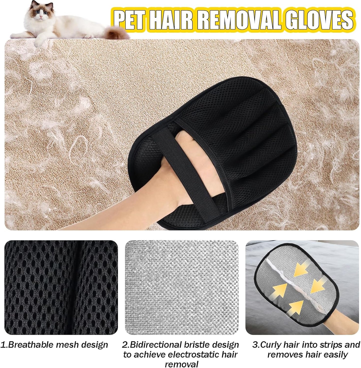 Handschuh, 3 Stück Fell Magnet Handschuh, Haarentfernungshandschuh für Katzen & Hunde