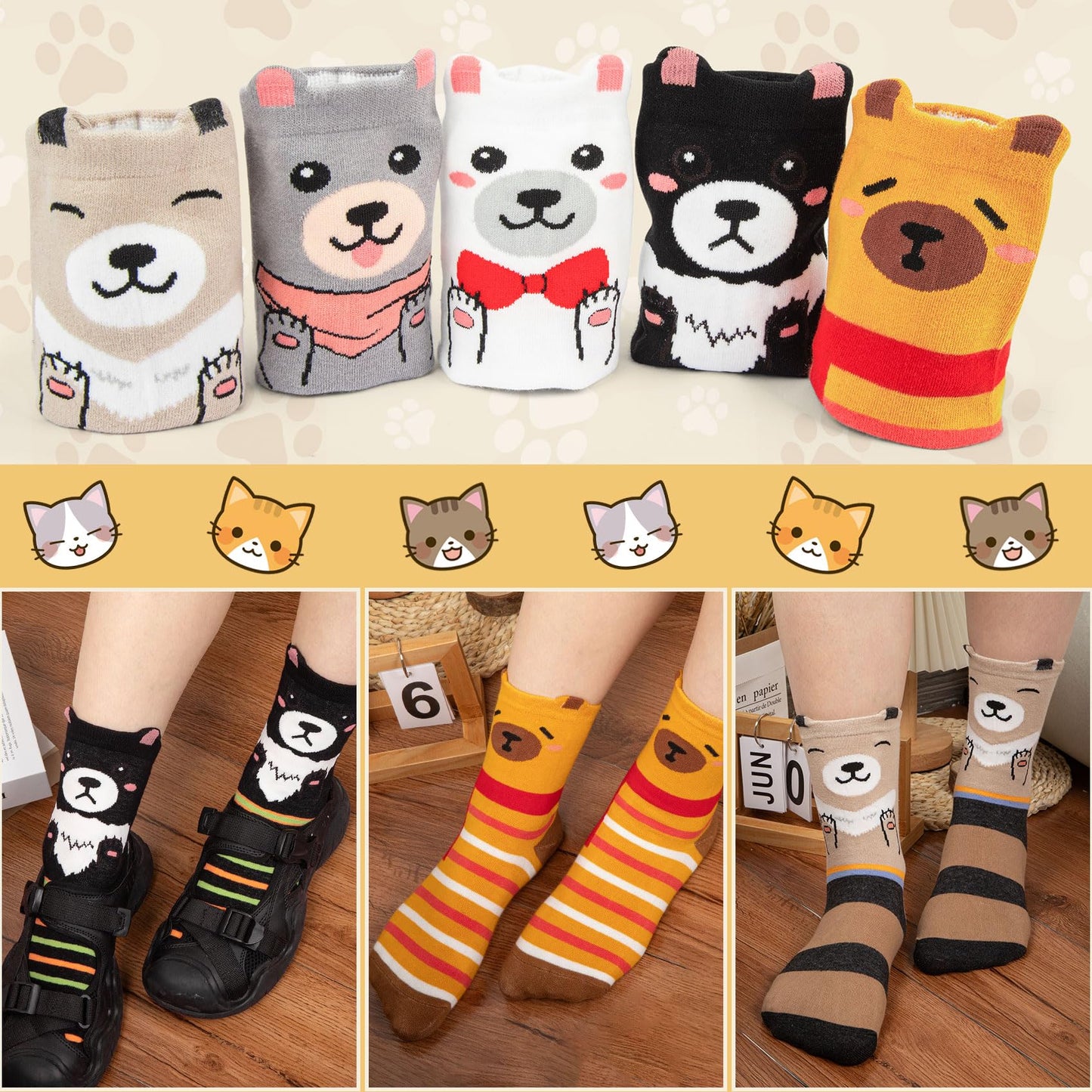 Chalier Cozy 5 Paar Damen Socken Hunde Katzen Motiven, Baumwolle