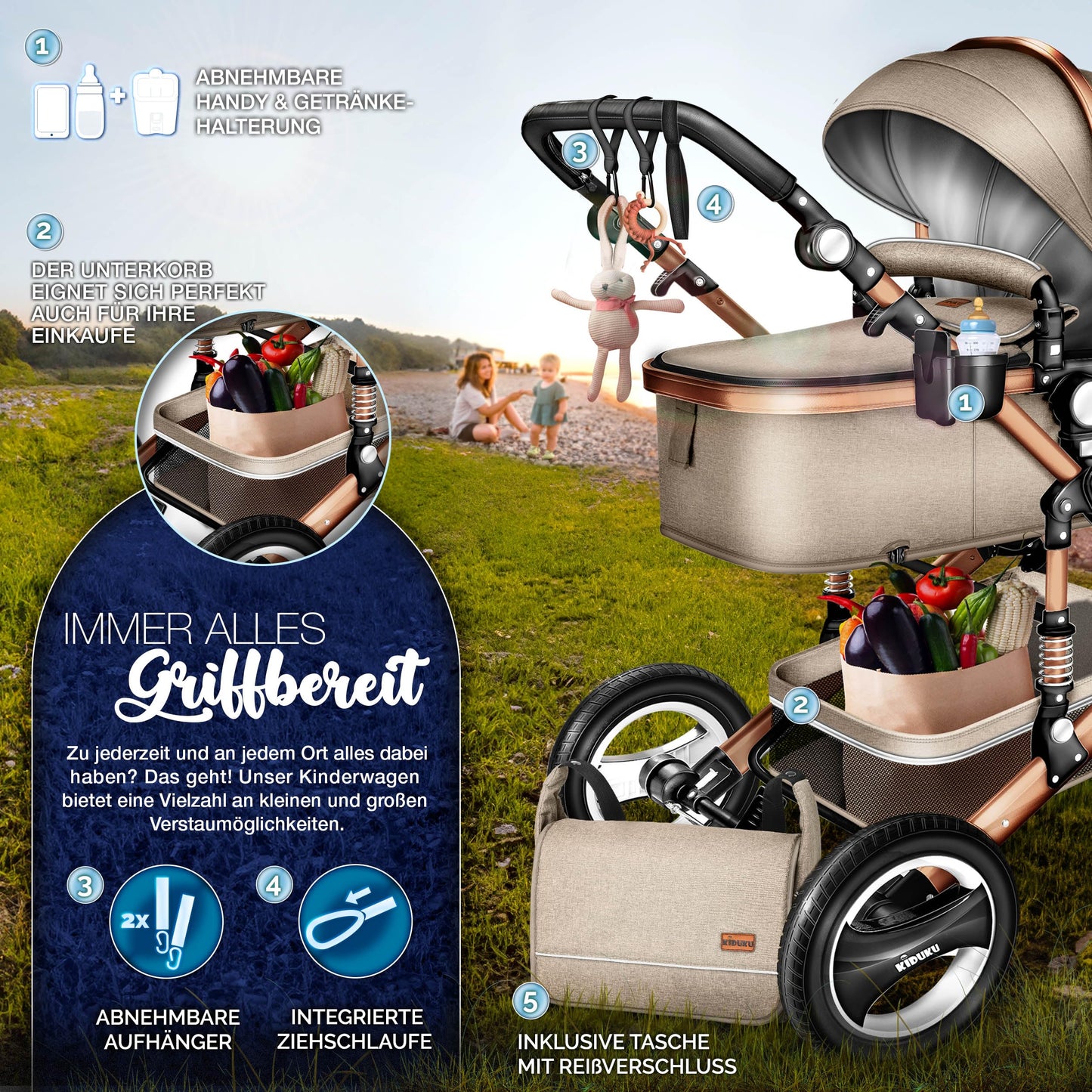 3-in-1 XXL Complete Pram Set incl. Baby Carrycot, Buggy, Sports Seat & Car Seat