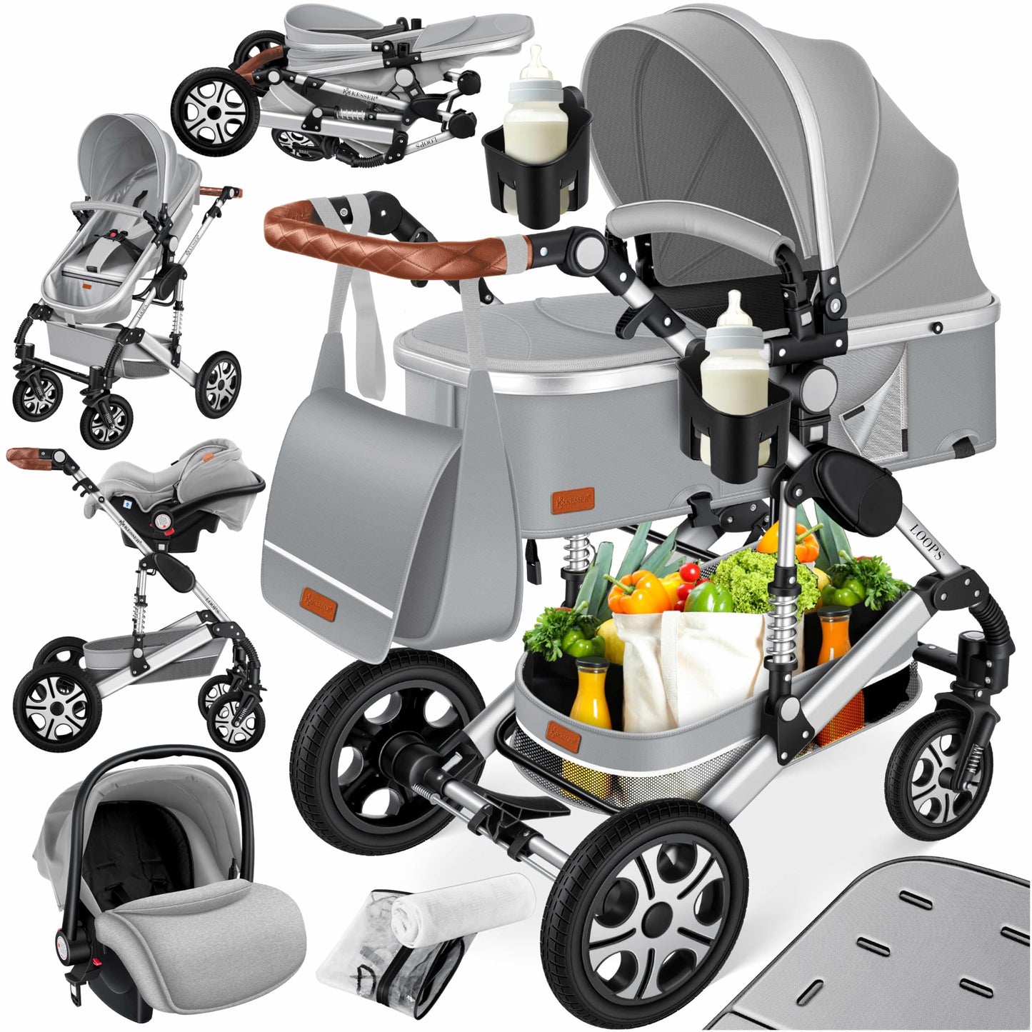 Kesser® Loops 3-in-1 Combination Pram, Complete Set Including Baby Tub & Buggy Sports Seat & Baby Car Seat, Full Rubber Tyres