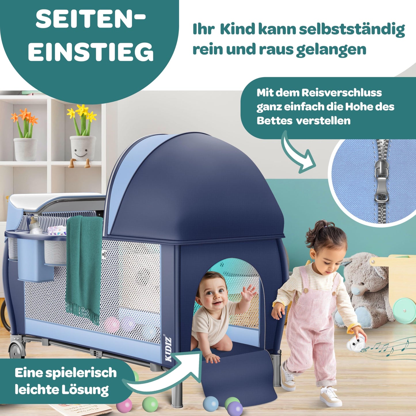 Kidiz Baby Cot, Travel Cot, Foldable with Mattress and Wheels, 120 x 60 cm, Side Entrance