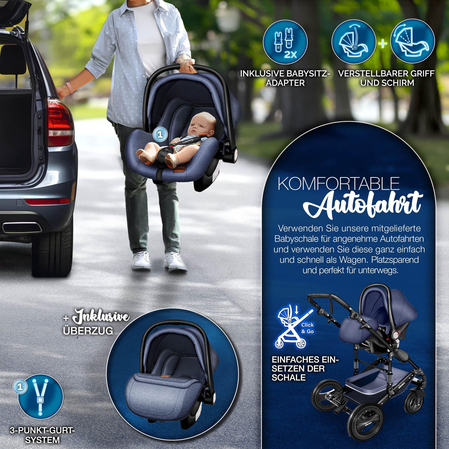 3-in-1 XXL Complete Pram Set incl. Baby Carrycot, Buggy, Sports Seat & Car Seat