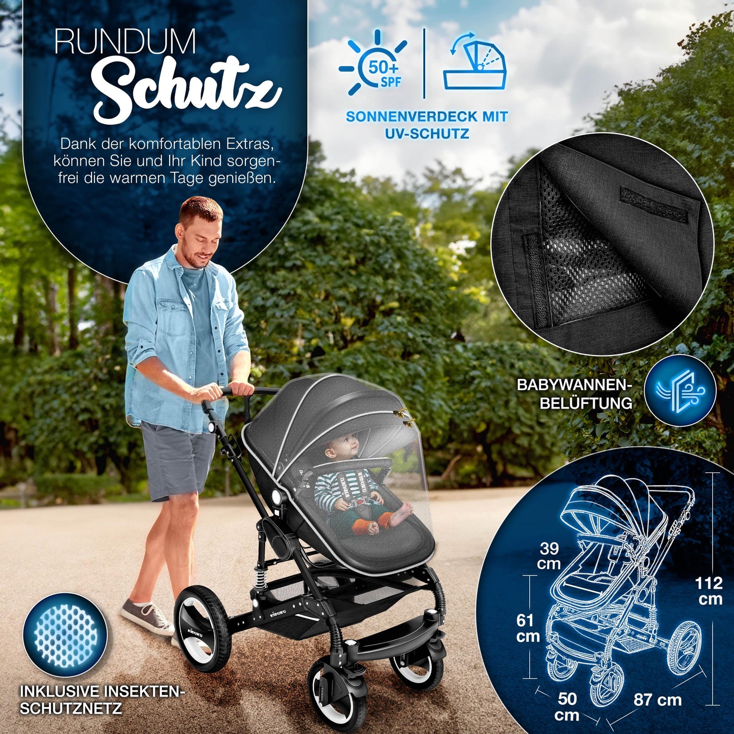3-in-1 XXL Complete Pram Set incl. Baby Carrycot, Buggy, Sports Seat & Car Seat