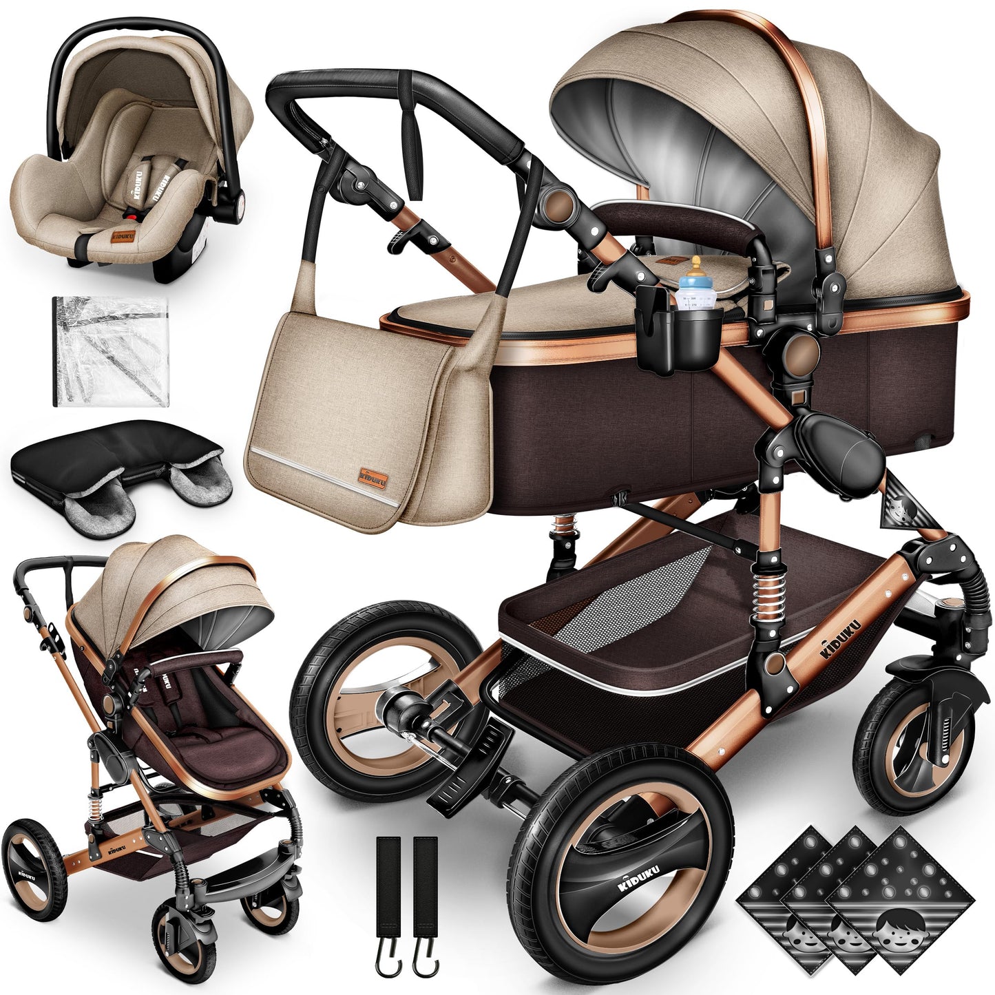 3-in-1 XXL Complete Pram Set incl. Baby Carrycot, Buggy, Sports Seat & Car Seat