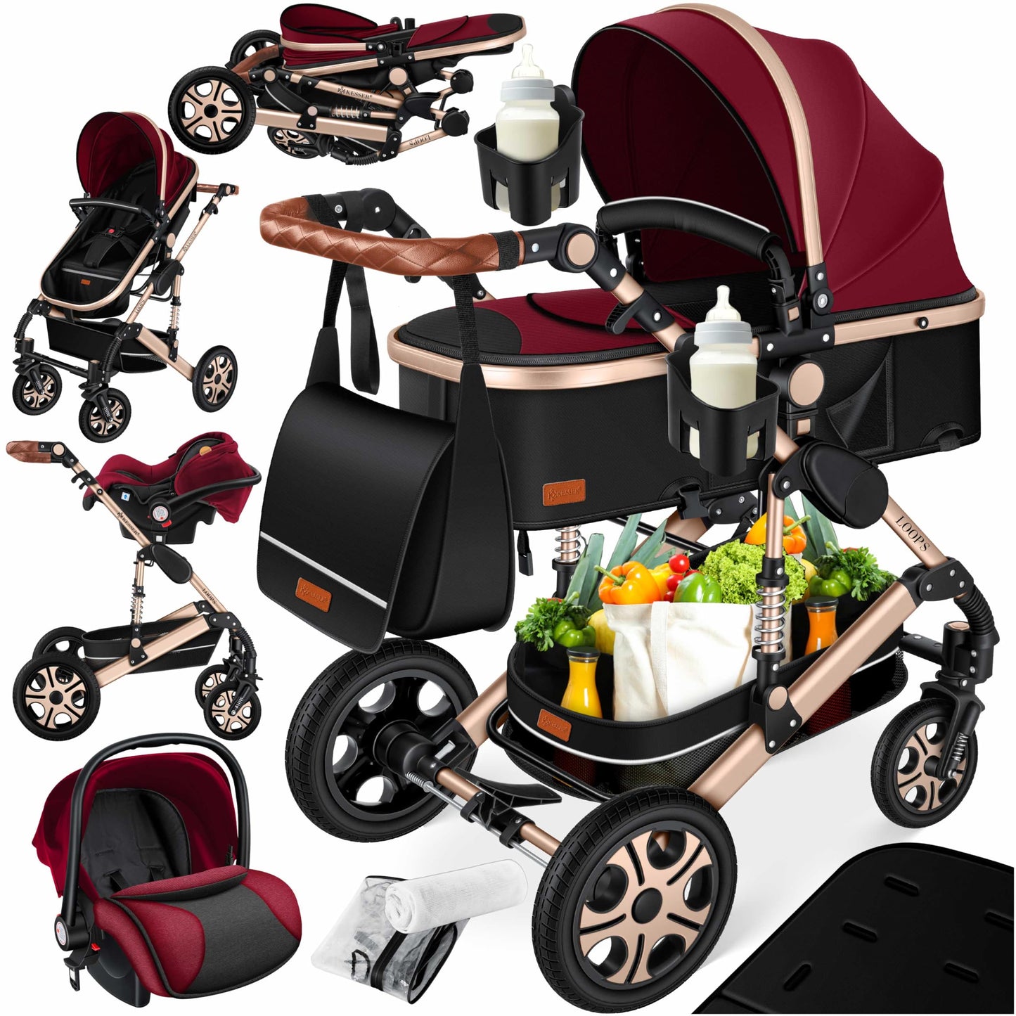 Kesser® Loops 3-in-1 Combination Pram, Complete Set Including Baby Tub & Buggy Sports Seat & Baby Car Seat, Full Rubber Tyres