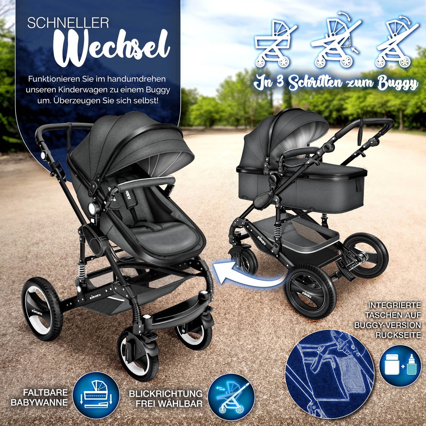 3-in-1 XXL Complete Pram Set incl. Baby Carrycot, Buggy, Sports Seat & Car Seat