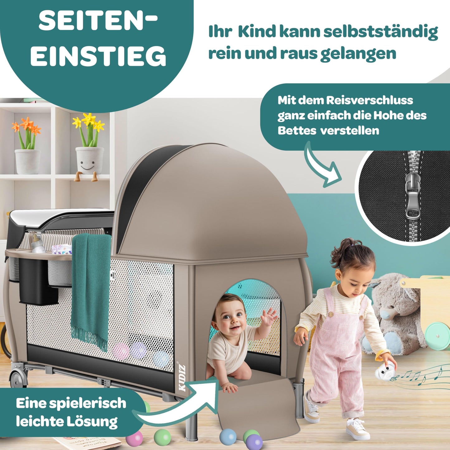 Kidiz Baby Cot, Travel Cot, Foldable with Mattress and Wheels, 120 x 60 cm, Side Entrance