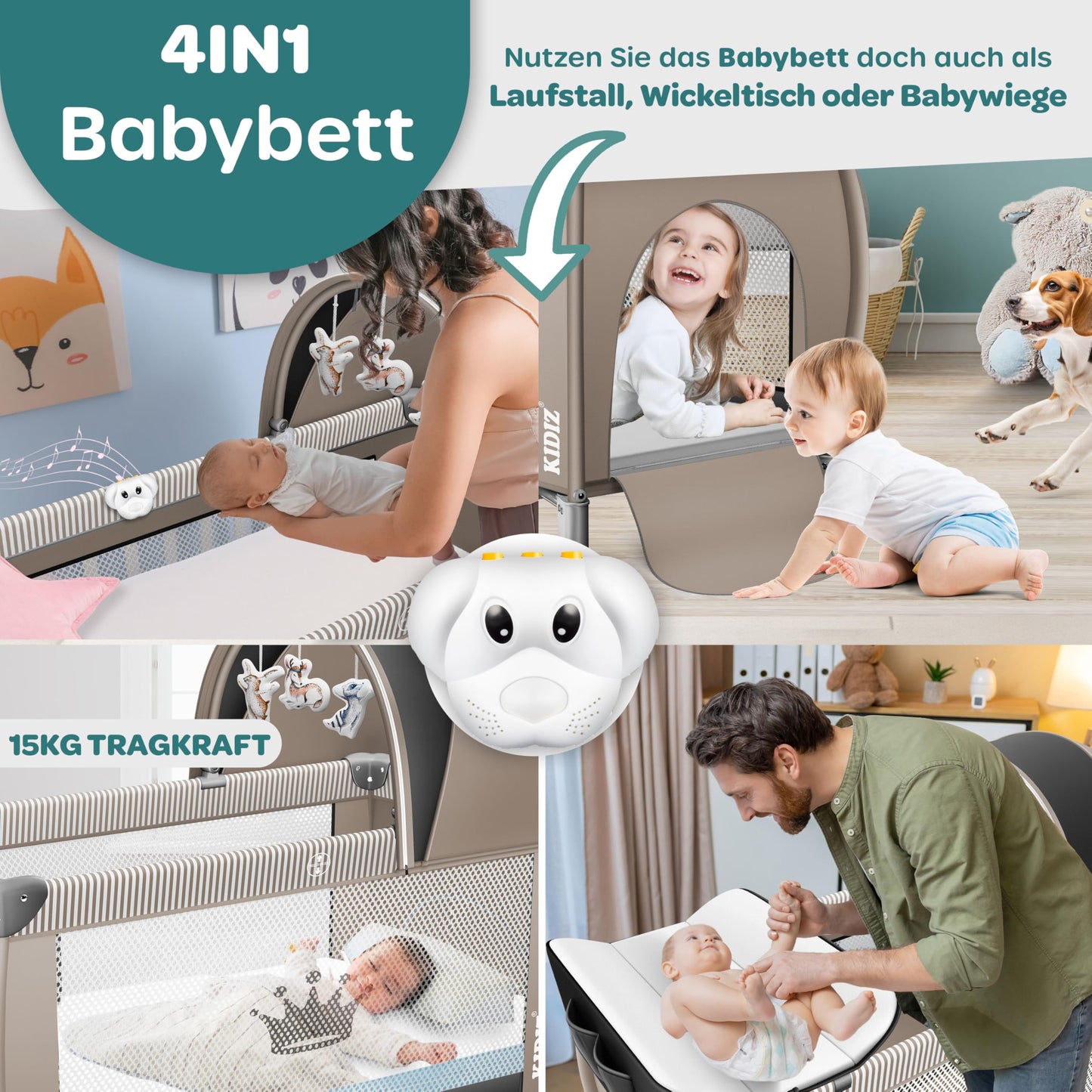 Kidiz Baby Cot, Travel Cot, Foldable with Mattress and Wheels, 120 x 60 cm, Side Entrance