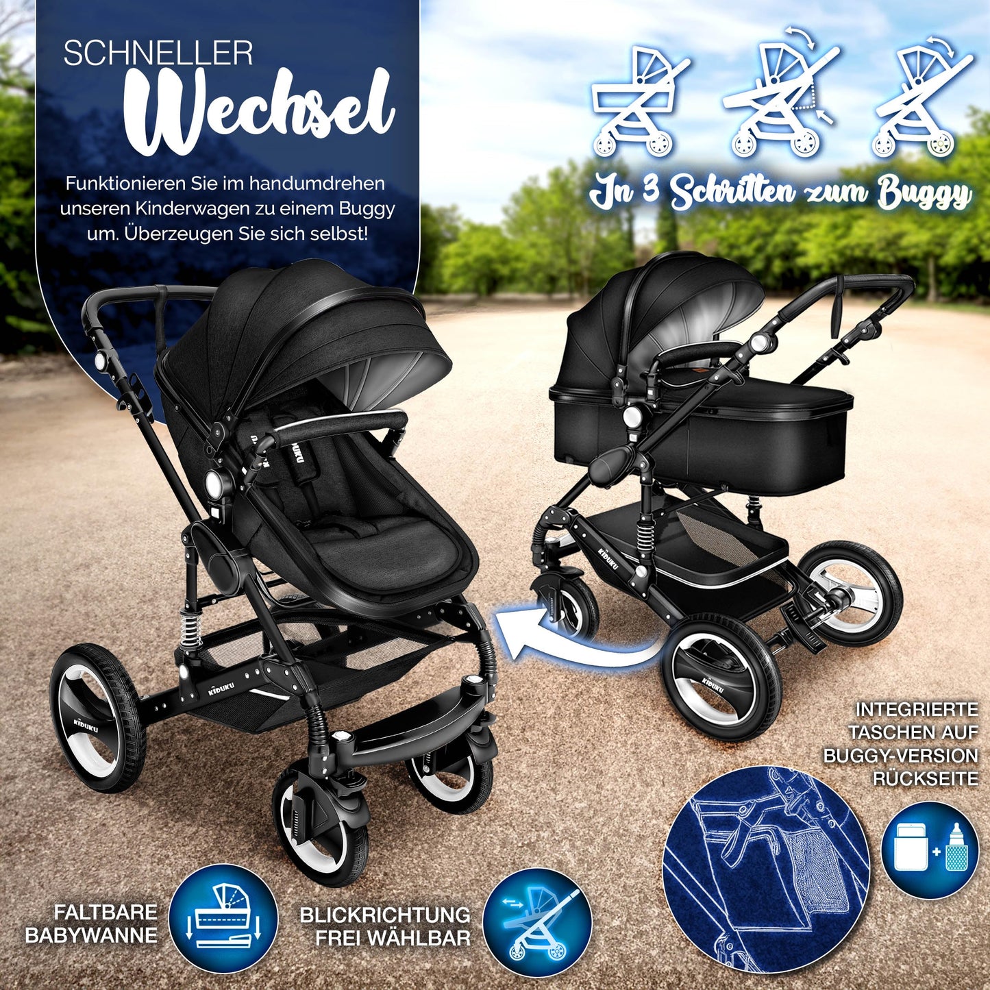 3-in-1 XXL Complete Pram Set incl. Baby Carrycot, Buggy, Sports Seat & Car Seat