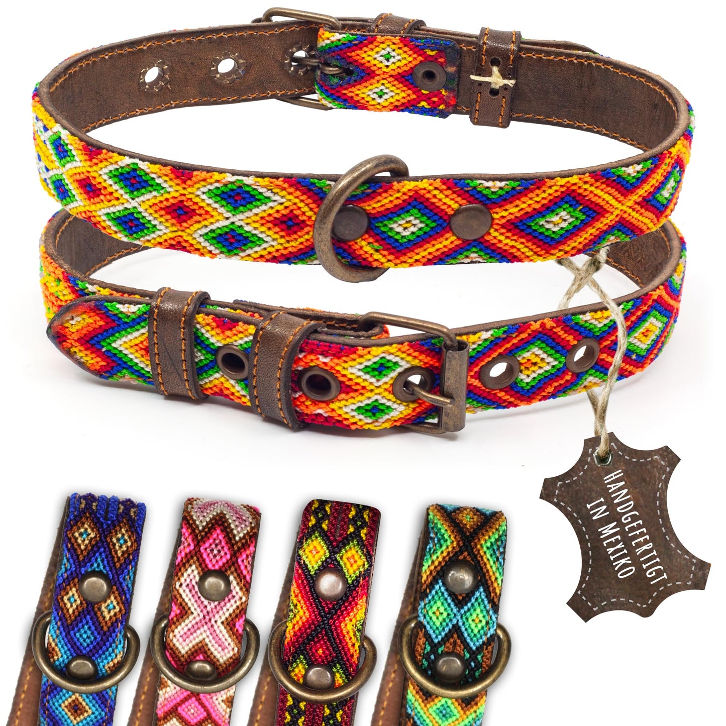 Hundehalsband Leder - braunes Rindsleder Tribal Grün/Braun/Beiges