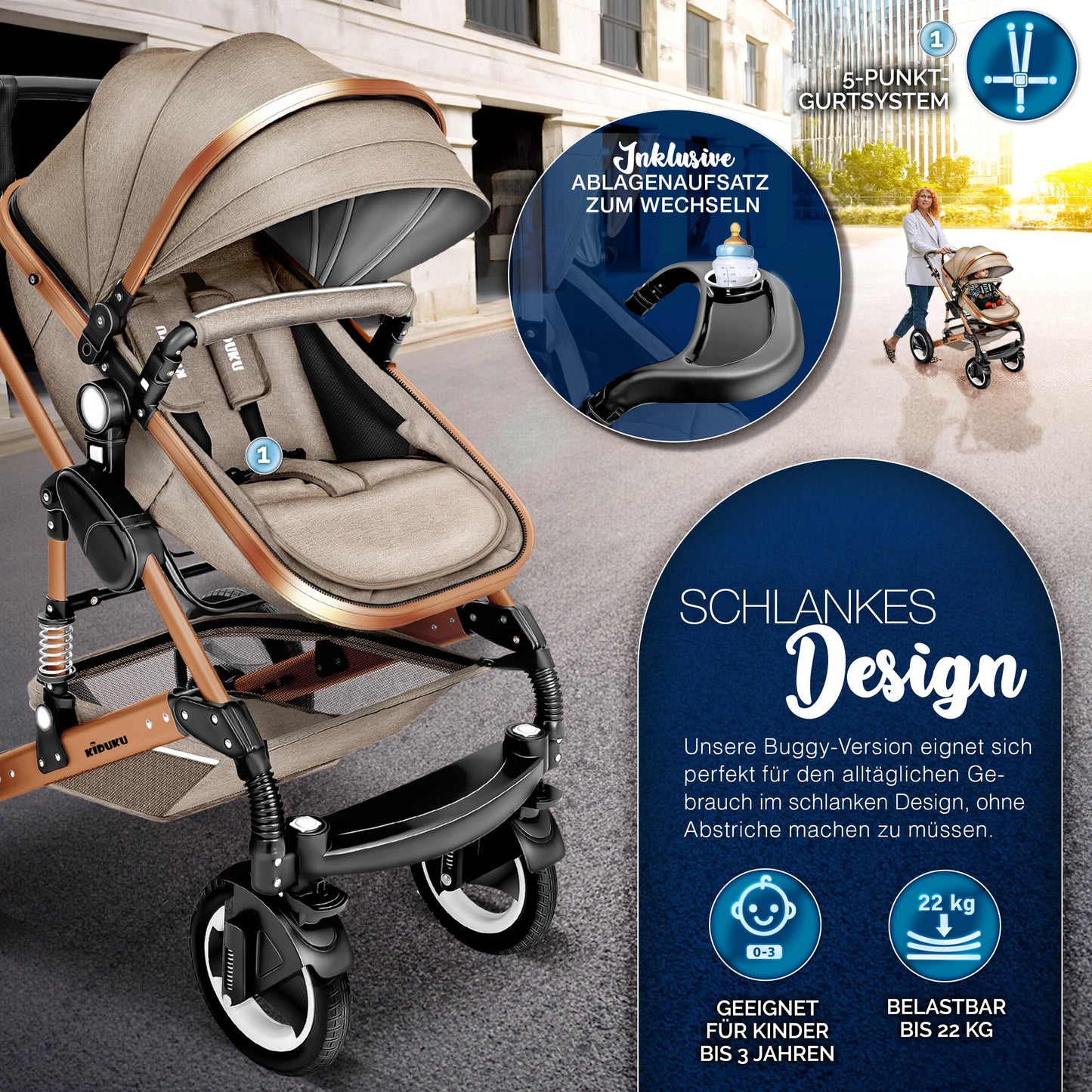 3-in-1 XXL Complete Pram Set incl. Baby Carrycot, Buggy, Sports Seat & Car Seat
