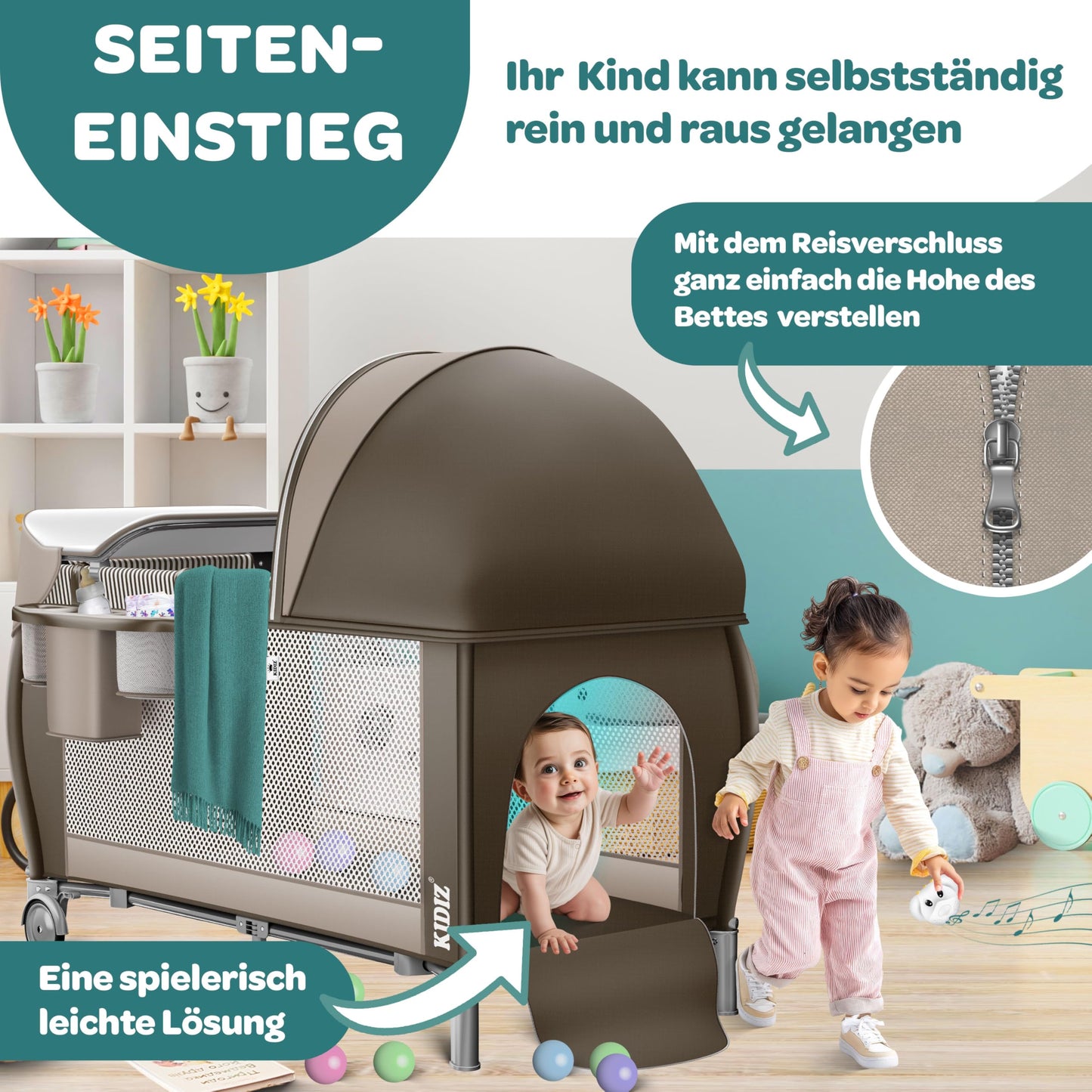 Kidiz Baby Cot, Travel Cot, Foldable with Mattress and Wheels, 120 x 60 cm, Side Entrance