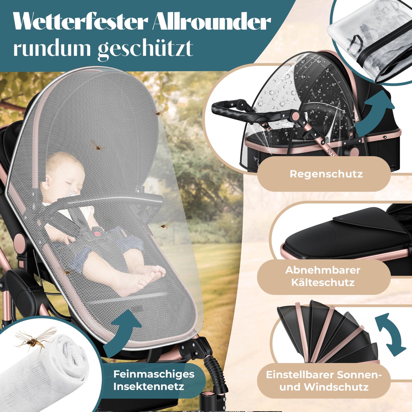 Kesser® Loops 3-in-1 Combination Pram, Complete Set Including Baby Tub & Buggy Sports Seat & Baby Car Seat, Full Rubber Tyres