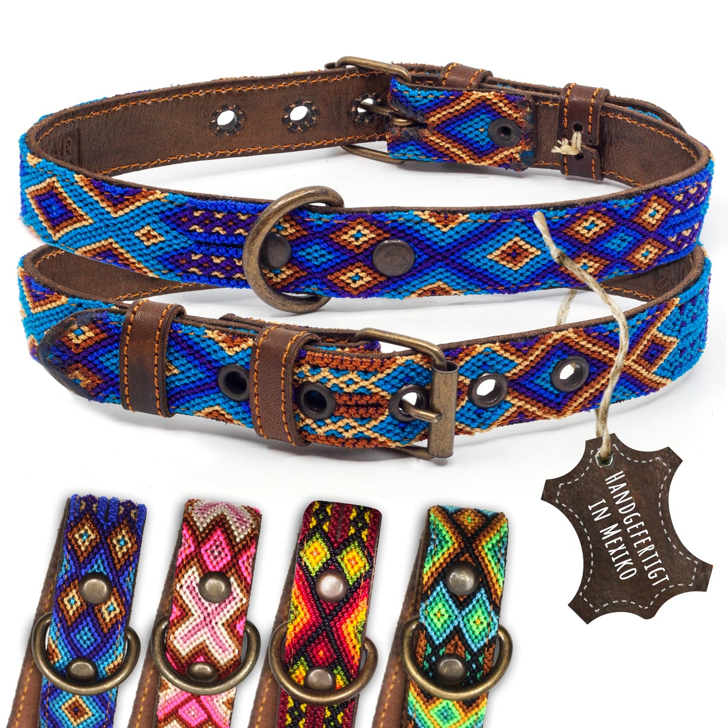 Hundehalsband Leder - braunes Rindsleder Tribal Grün/Braun/Beiges