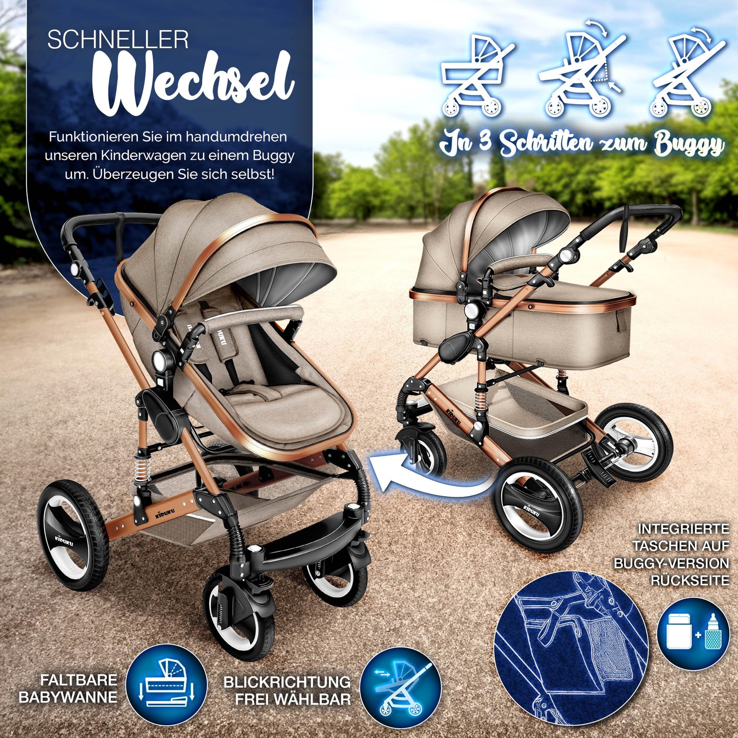 3-in-1 XXL Complete Pram Set incl. Baby Carrycot, Buggy, Sports Seat & Car Seat