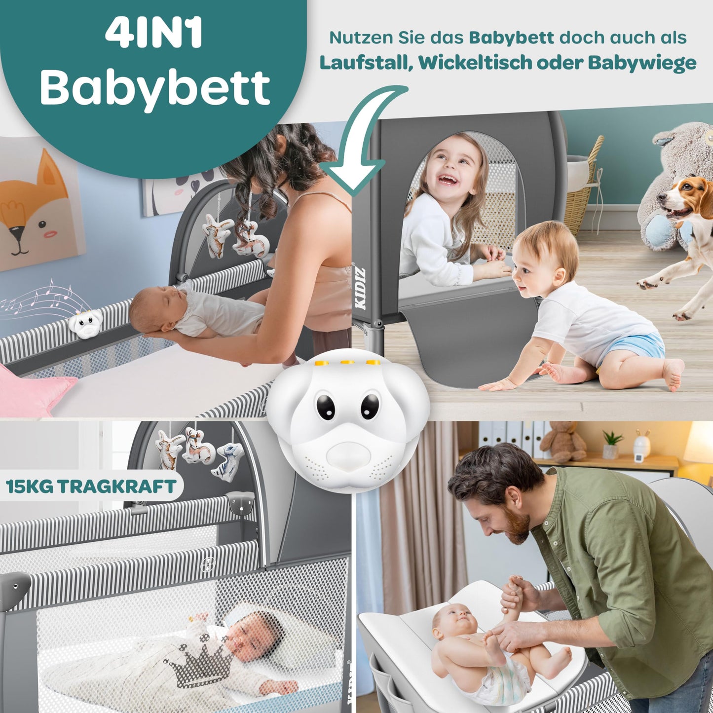 Kidiz Baby Cot, Travel Cot, Foldable with Mattress and Wheels, 120 x 60 cm, Side Entrance