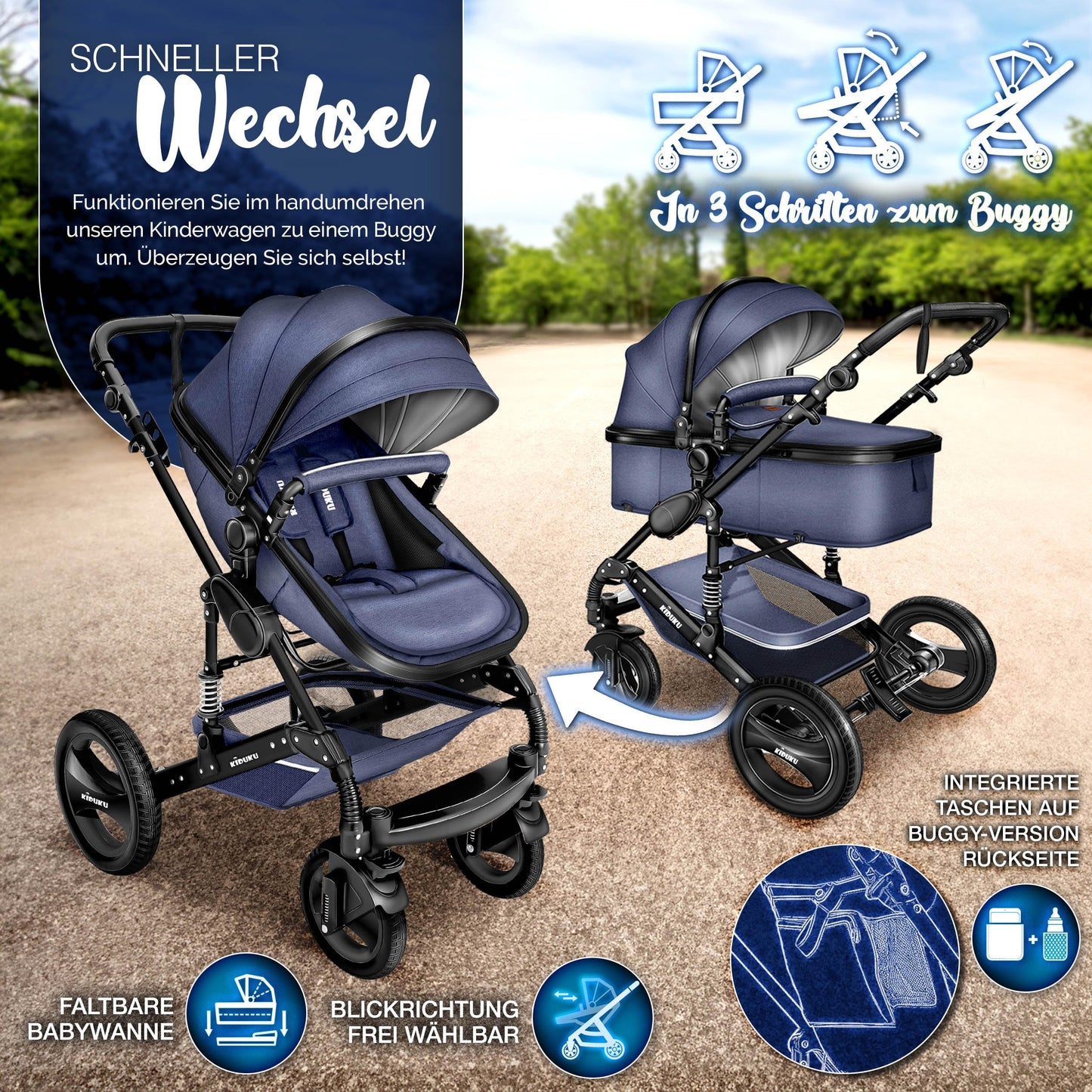3-in-1 XXL Complete Pram Set incl. Baby Carrycot, Buggy, Sports Seat & Car Seat