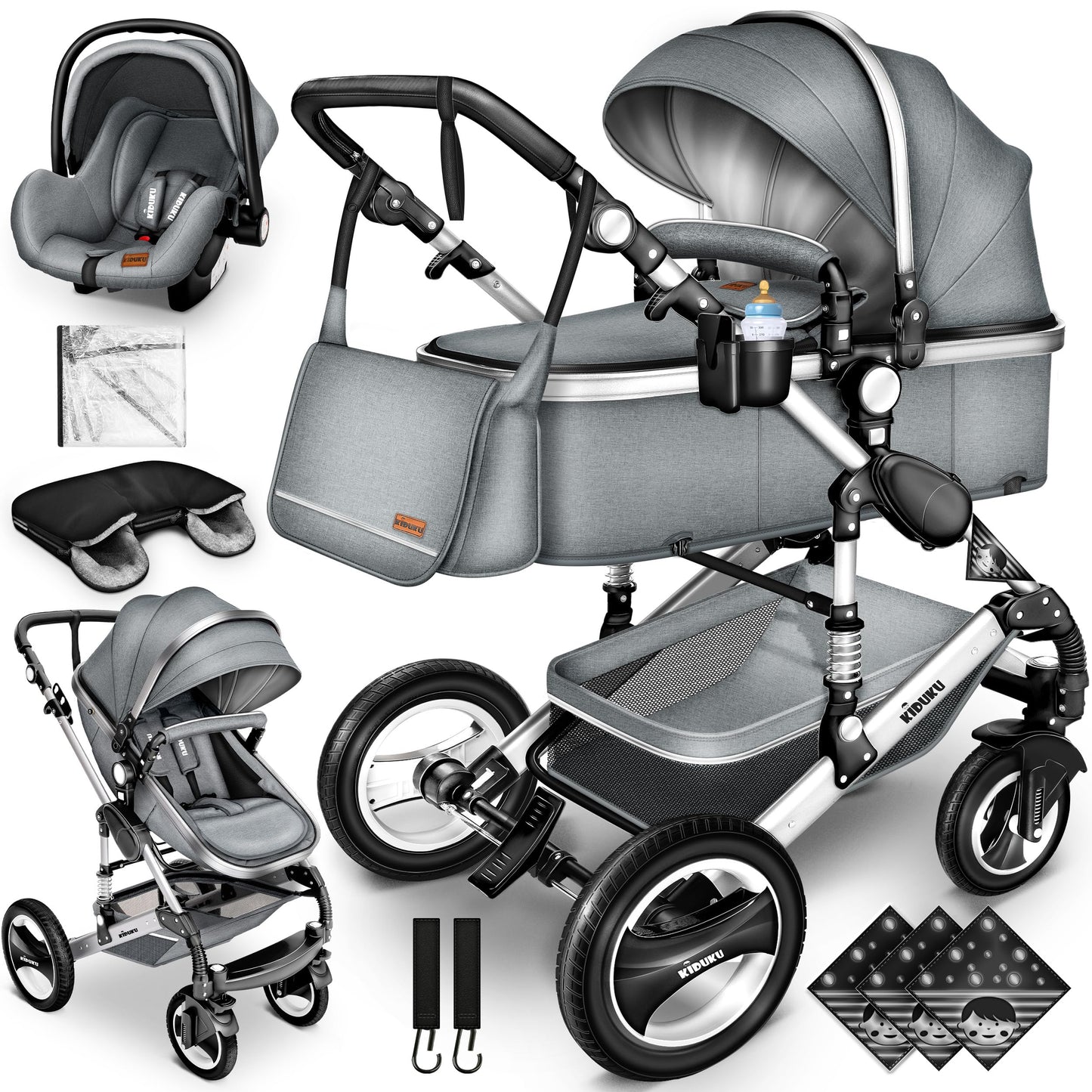 3-in-1 XXL Complete Pram Set incl. Baby Carrycot, Buggy, Sports Seat & Car Seat