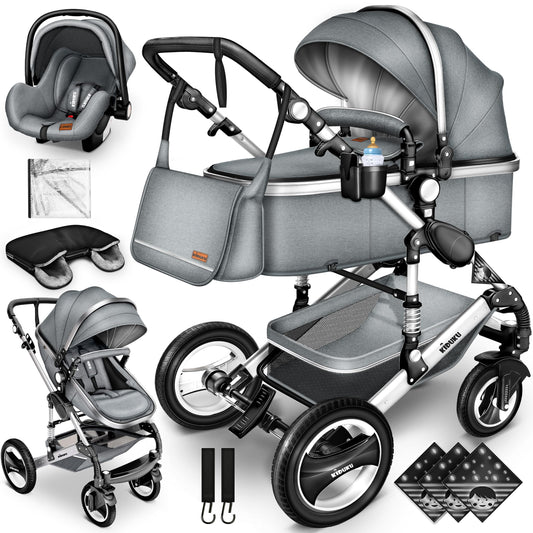 3-in-1 XXL Complete Pram Set incl. Baby Carrycot, Buggy, Sports Seat & Car Seat