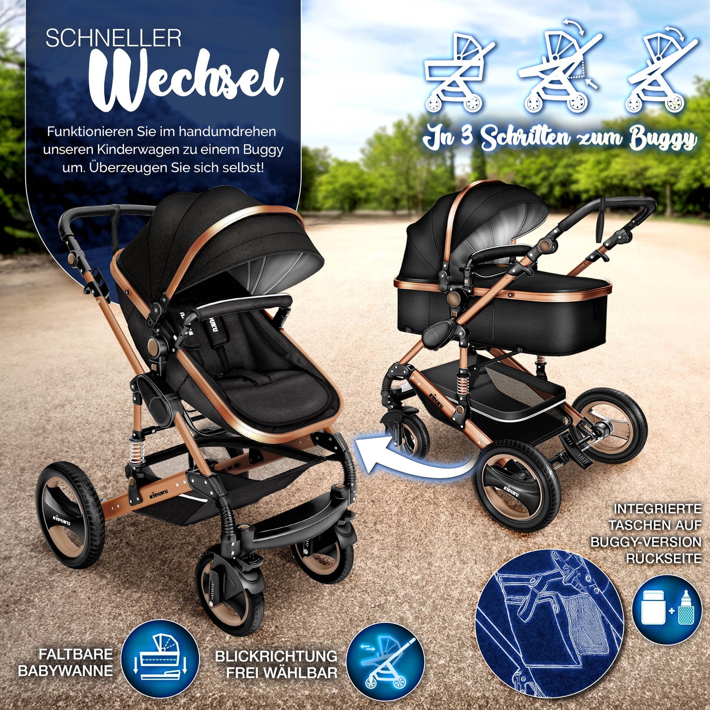 3-in-1 XXL Complete Pram Set incl. Baby Carrycot, Buggy, Sports Seat & Car Seat