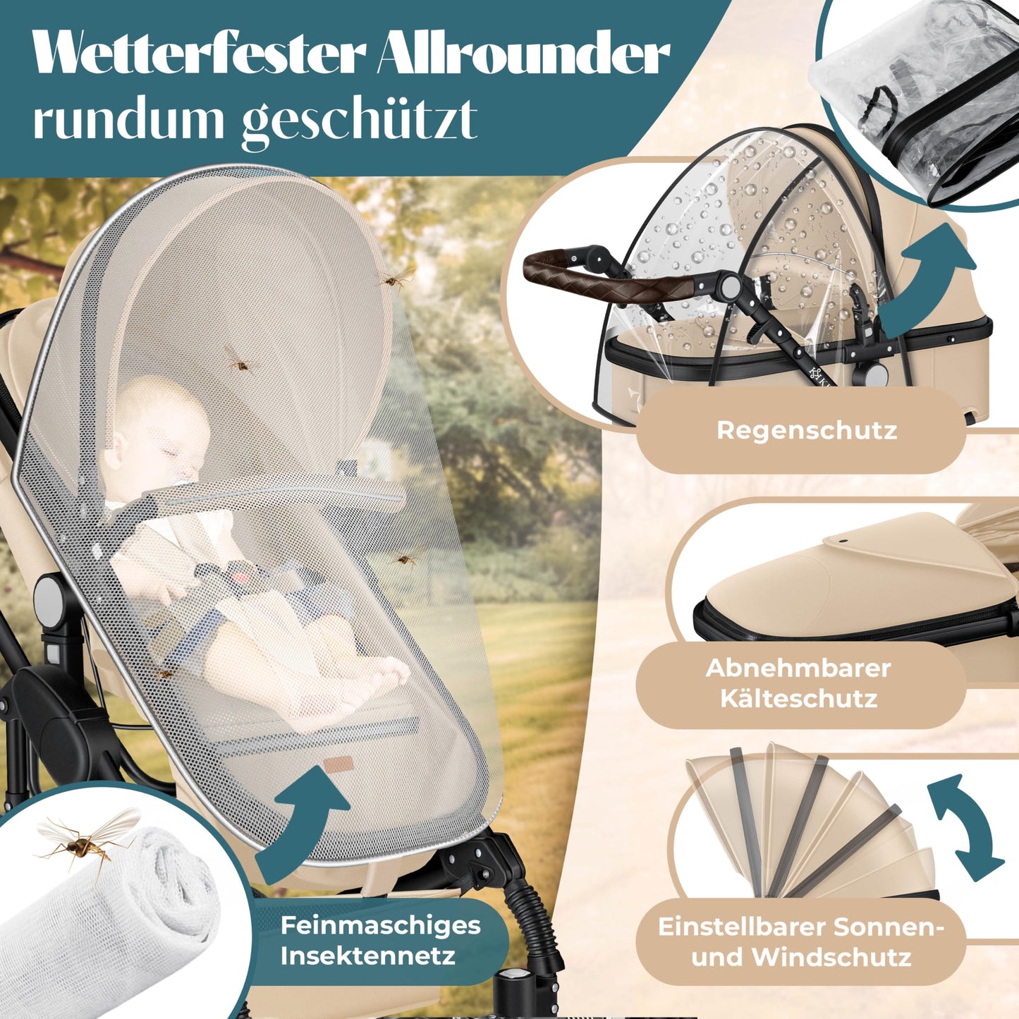 Kesser® Loops 3-in-1 Combination Pram, Complete Set Including Baby Tub & Buggy Sports Seat & Baby Car Seat, Full Rubber Tyres