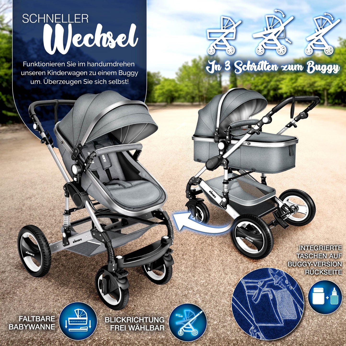 3-in-1 XXL Complete Pram Set incl. Baby Carrycot, Buggy, Sports Seat & Car Seat