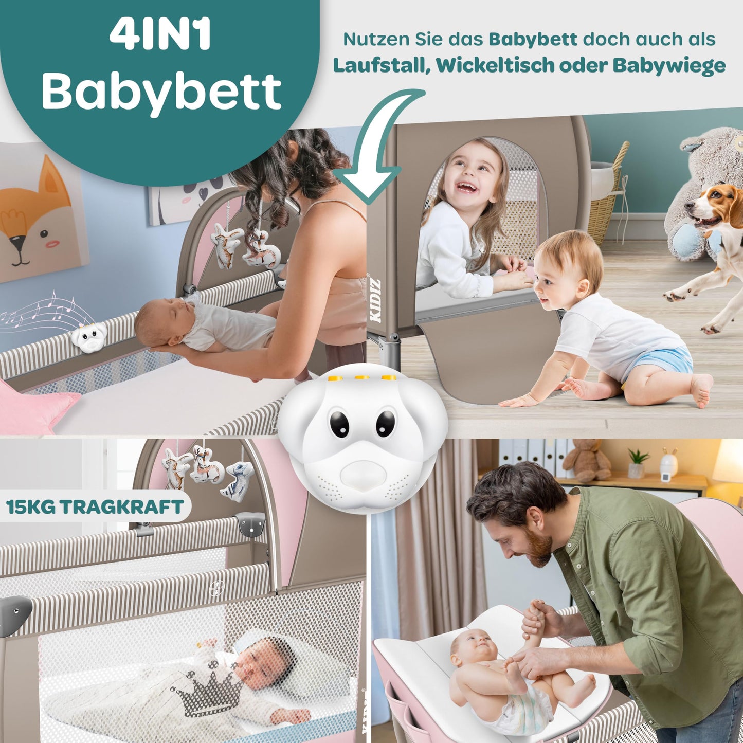 Kidiz Baby Cot, Travel Cot, Foldable with Mattress and Wheels, 120 x 60 cm, Side Entrance