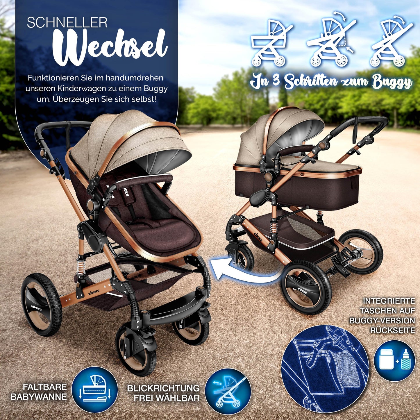 3-in-1 XXL Complete Pram Set incl. Baby Carrycot, Buggy, Sports Seat & Car Seat