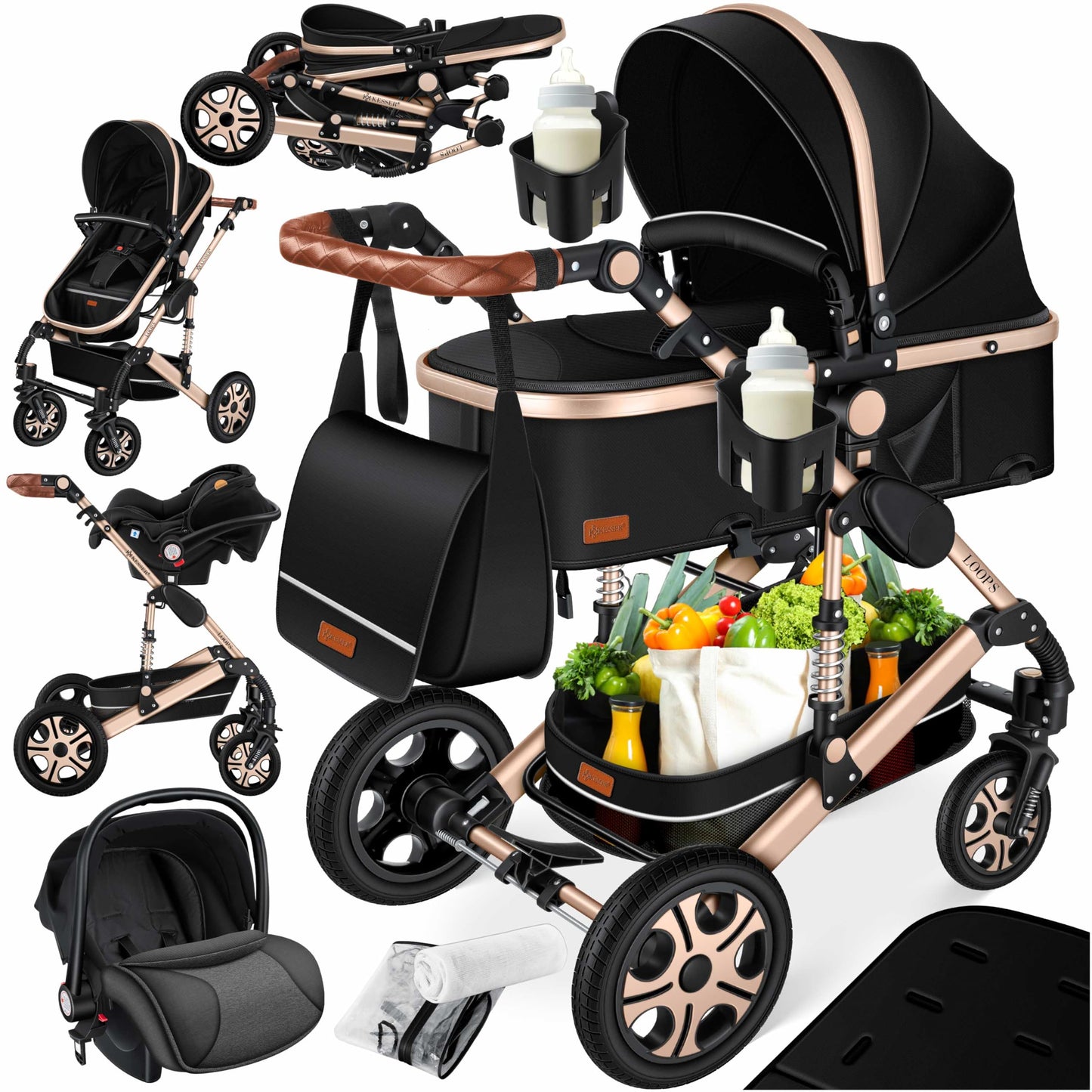 Kesser® Loops 3-in-1 Combination Pram, Complete Set Including Baby Tub & Buggy Sports Seat & Baby Car Seat, Full Rubber Tyres