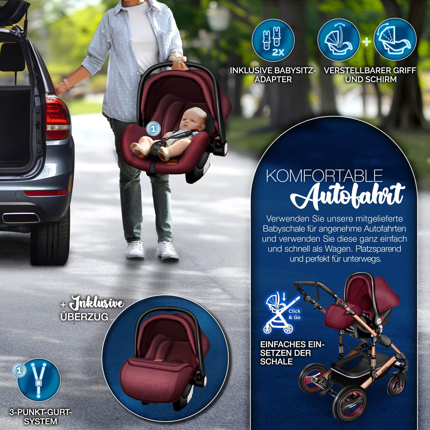 3-in-1 XXL Complete Pram Set incl. Baby Carrycot, Buggy, Sports Seat & Car Seat