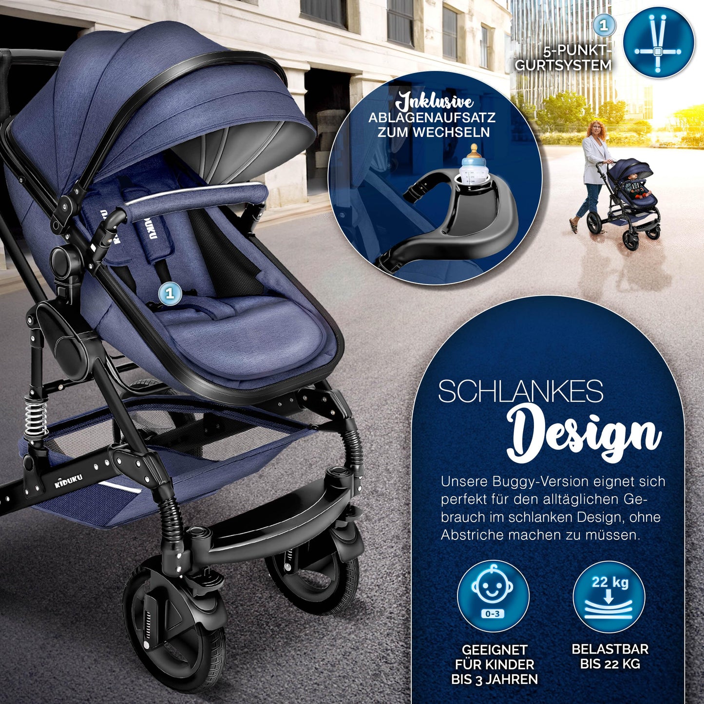 3-in-1 XXL Complete Pram Set incl. Baby Carrycot, Buggy, Sports Seat & Car Seat